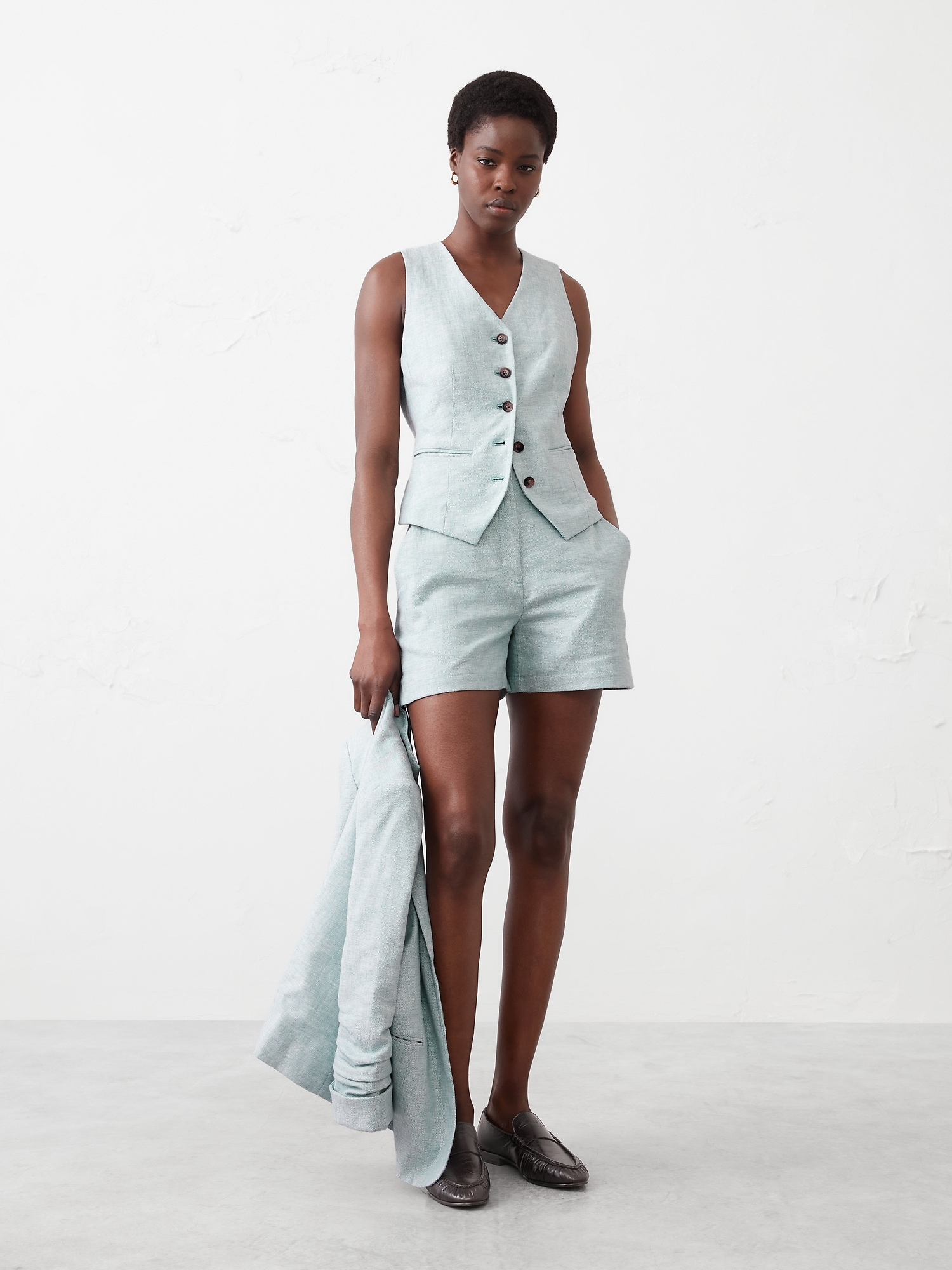 Linen-Blend Herringbone E-Waist Short