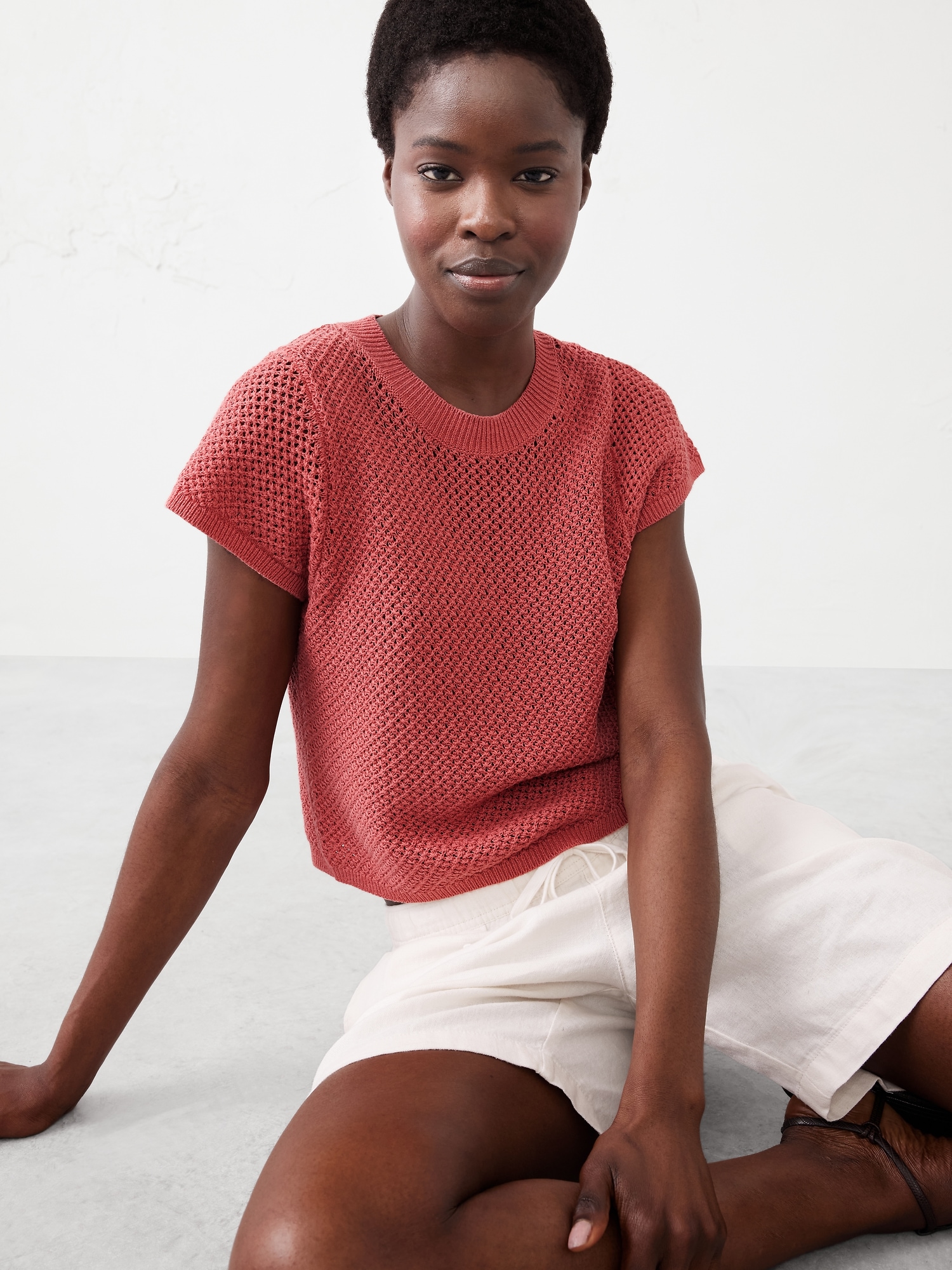 Open Stitch Flutter-Sleeve Sweater