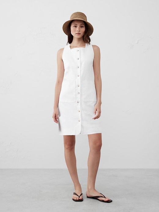 knee length dresses for ladies White Linen Button Front Mini Dress - Shirt Dresses main image 1