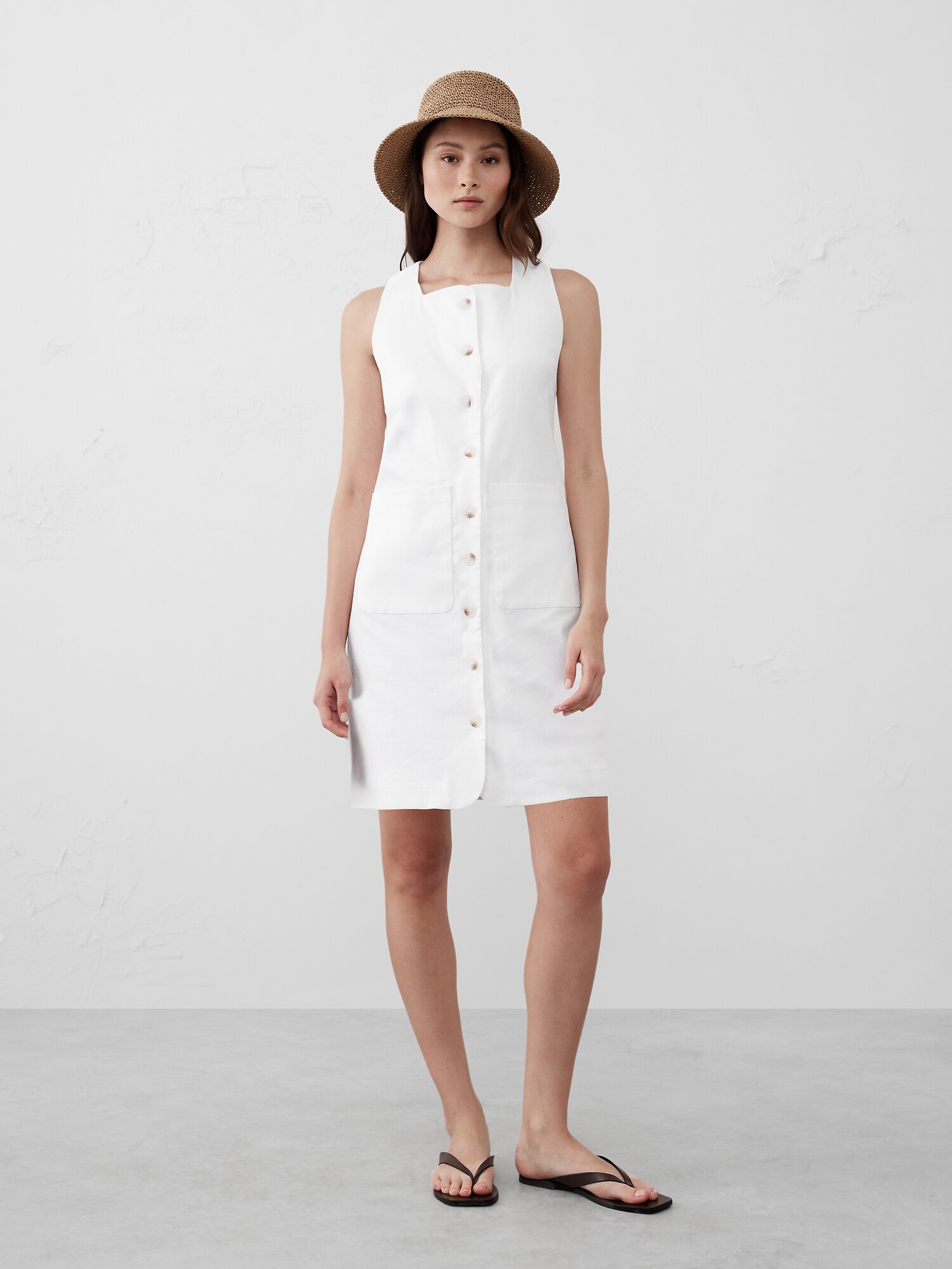 Square-Neck Linen-Blend Mini Dress