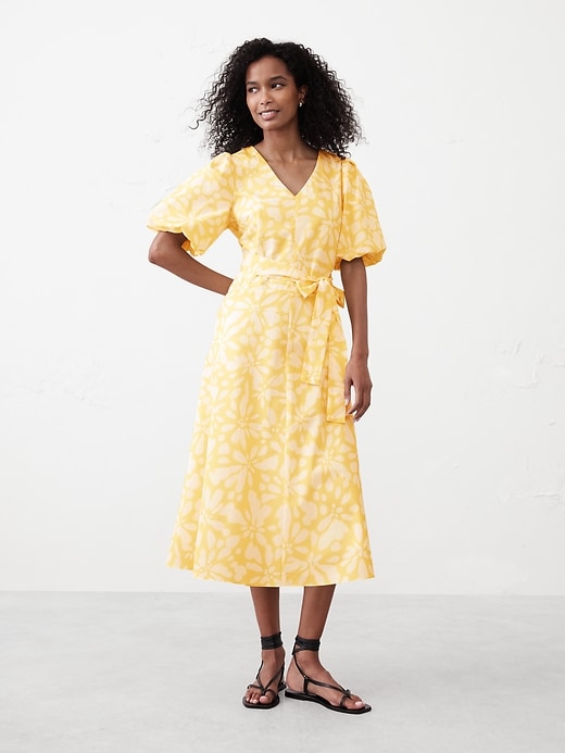 yellow puff sleeve midi dress Yellow V-Neck Puff Sleeve Midi Dress