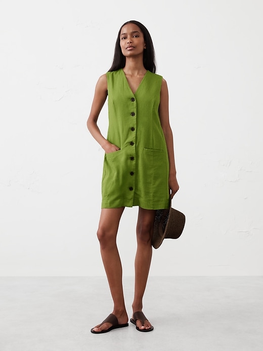 Linen-Blend Button-Front Mini Dress