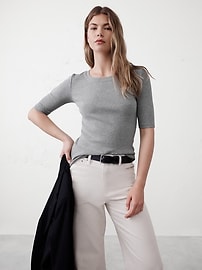 Ribbed Elbow-Sleeve T-Shirt