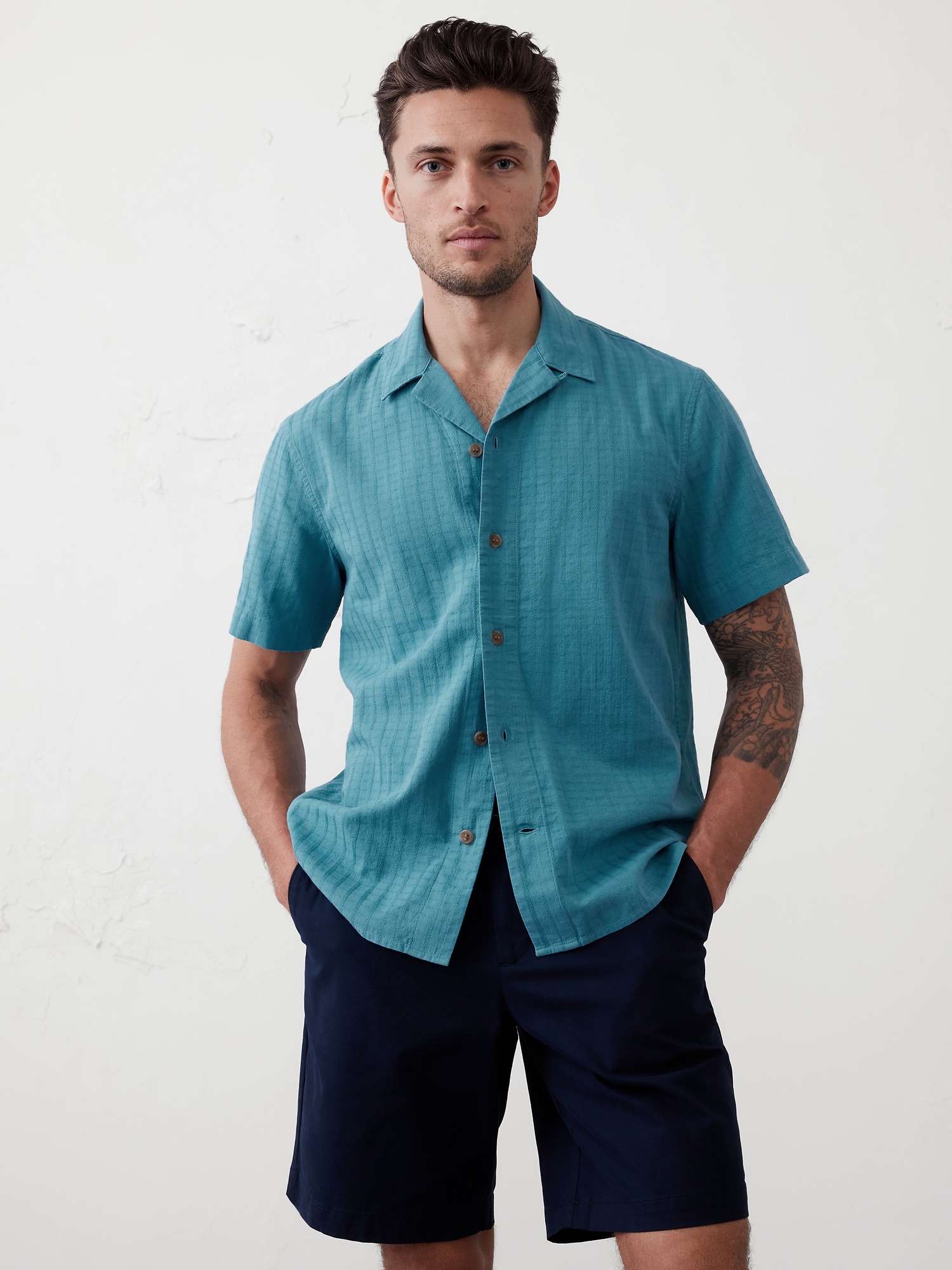 Standard Fit Textured Resort Shirt - Teal