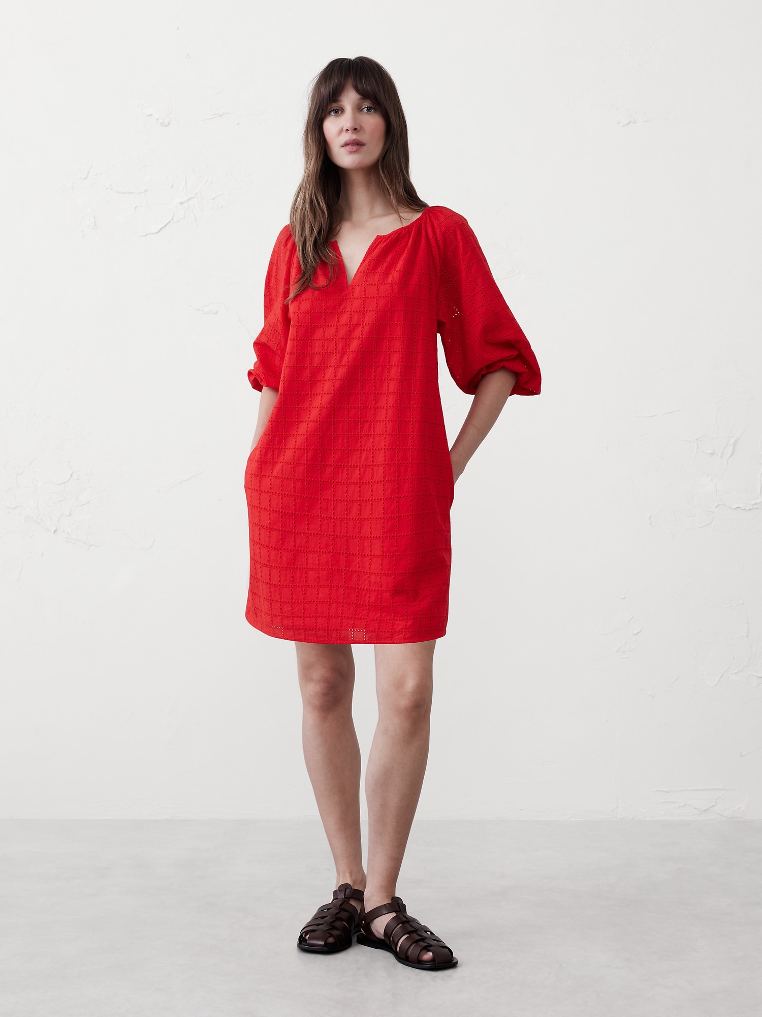 Eyelet Puff-Sleeve Mini Dress