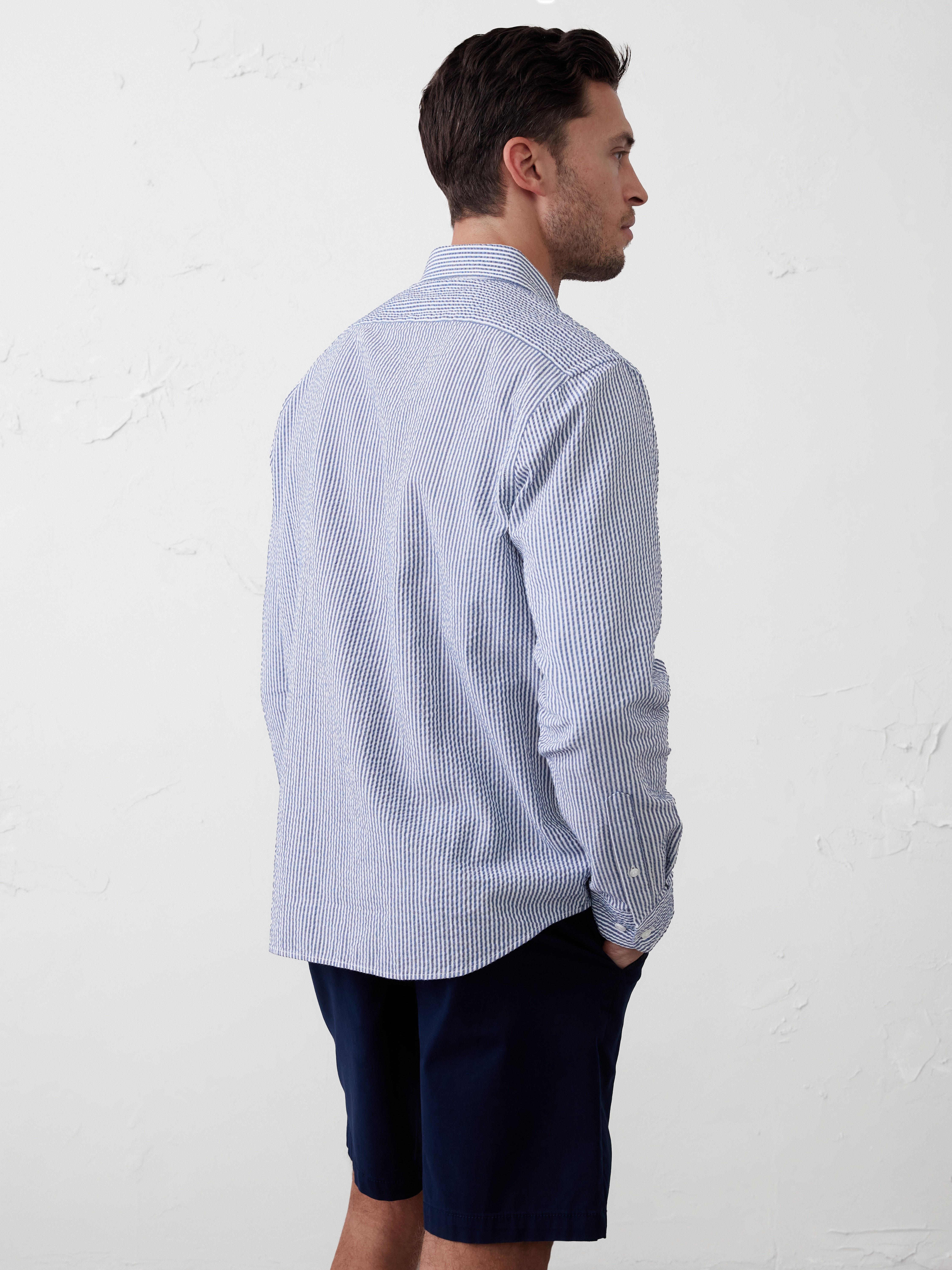 【2plan】Nation seersucker overfit shirt Big & Tall Seersucker Striped Short-Sleeve Shirt | Nautica