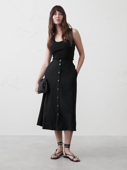 Linen-Blend Buttoned Midi Skirt