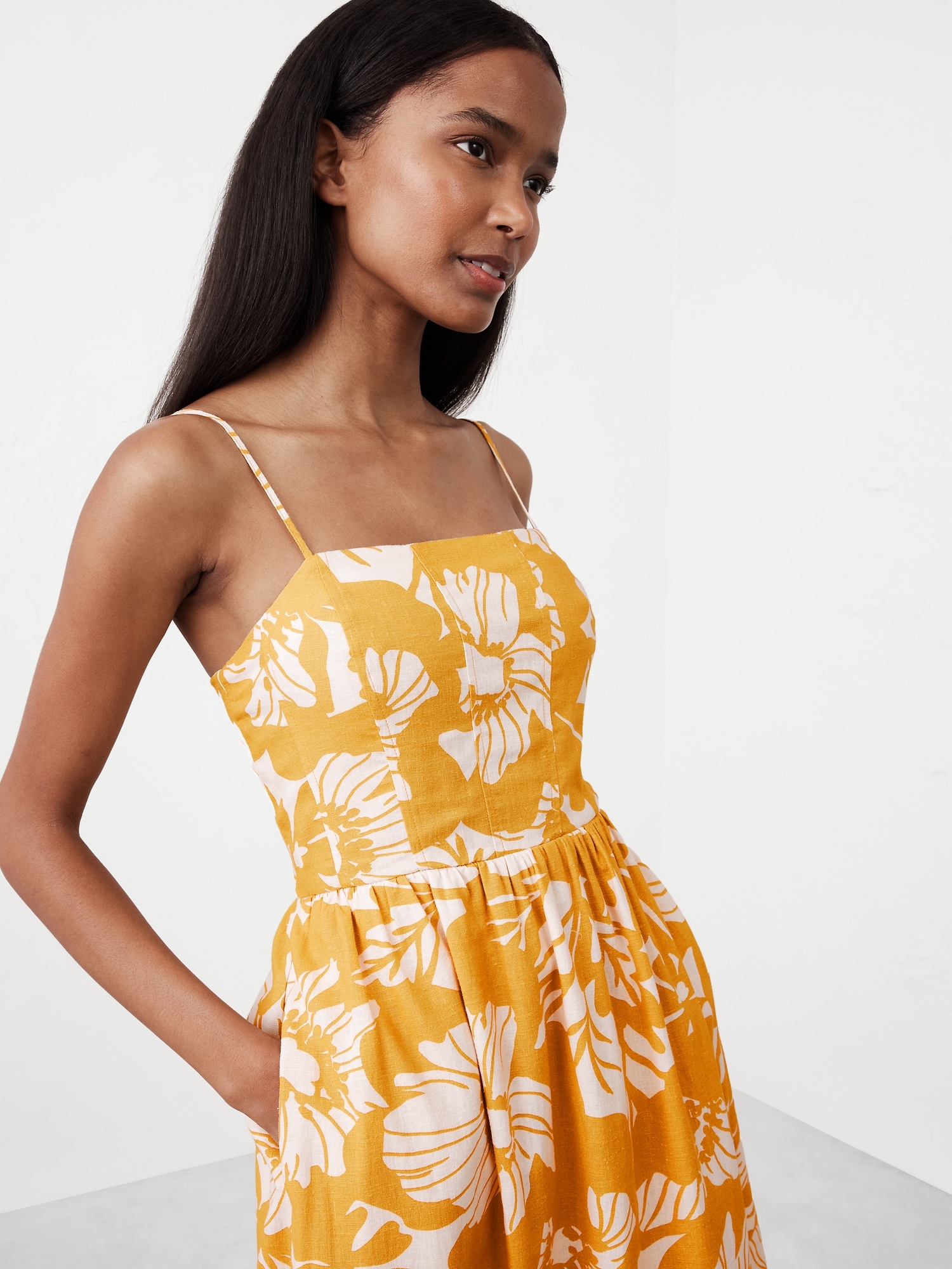 Strappy Seamed-Bodice Midi Dress