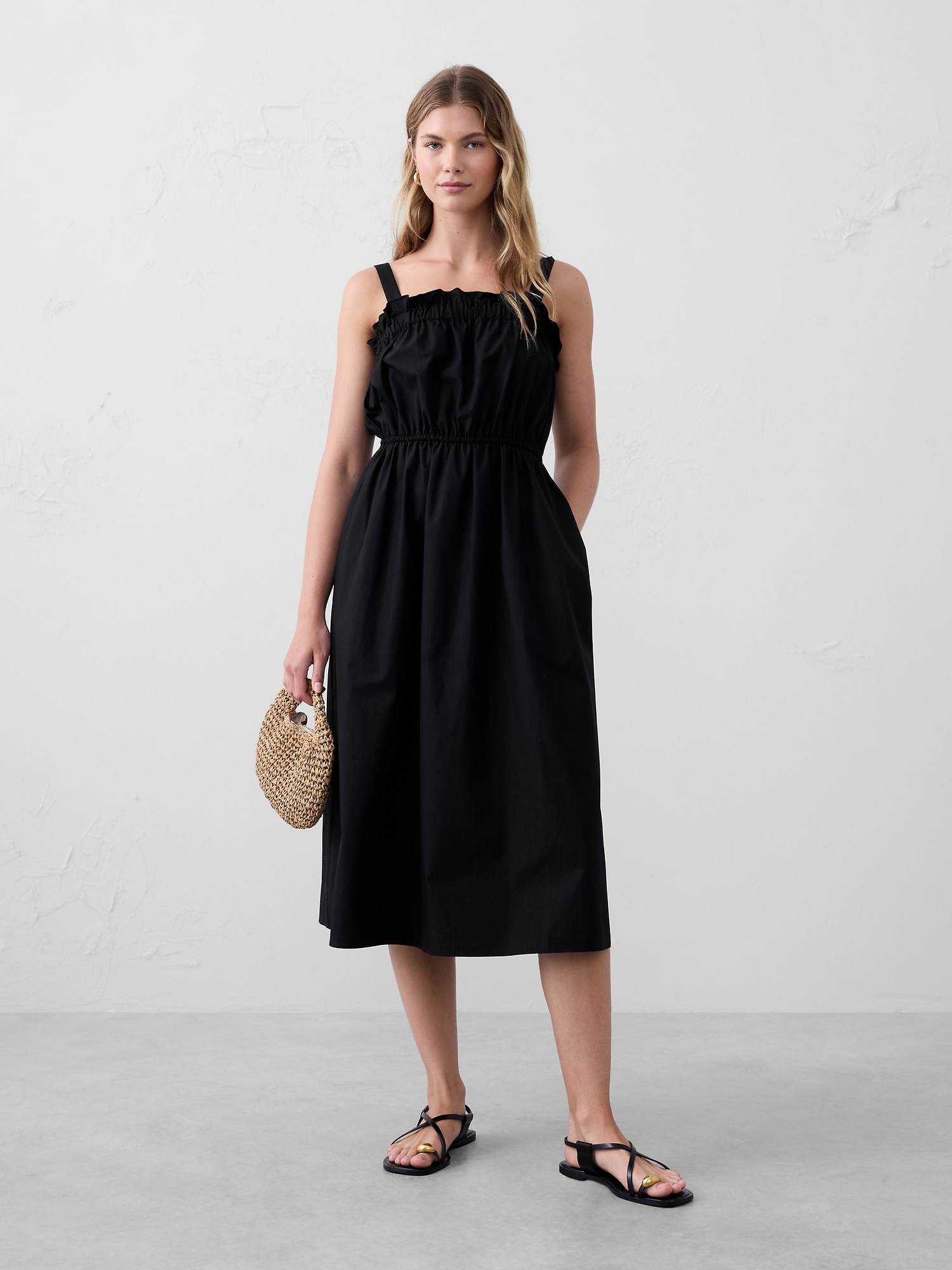 Poplin Elastic-Gather Midi Dress