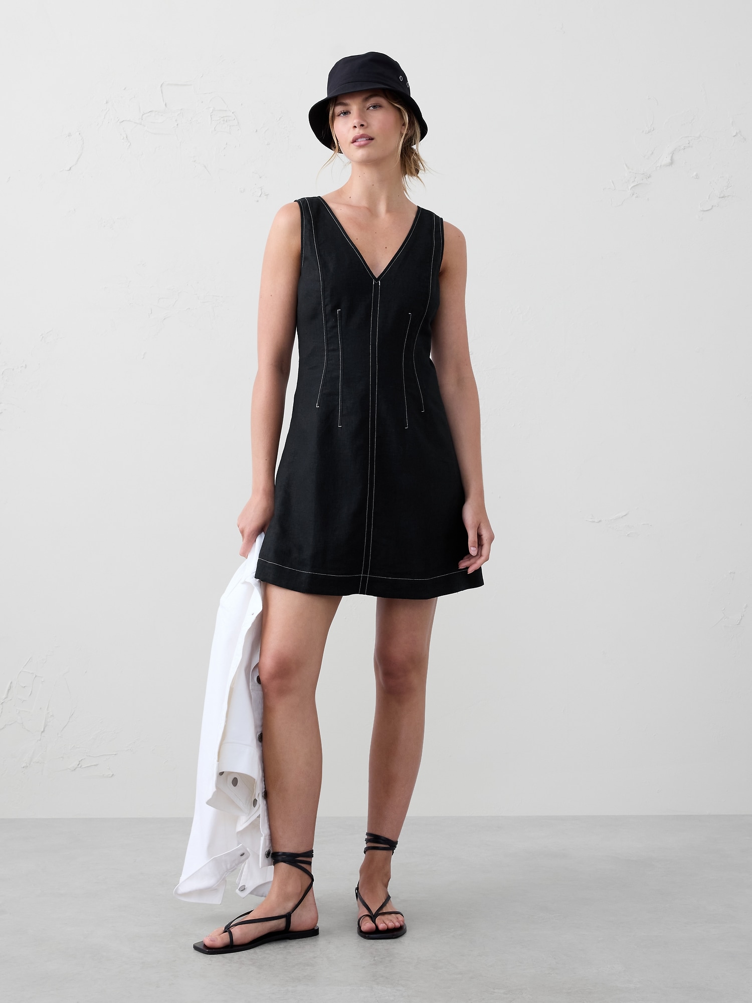 Linen-Blend Seamed Bodice Mini Dress