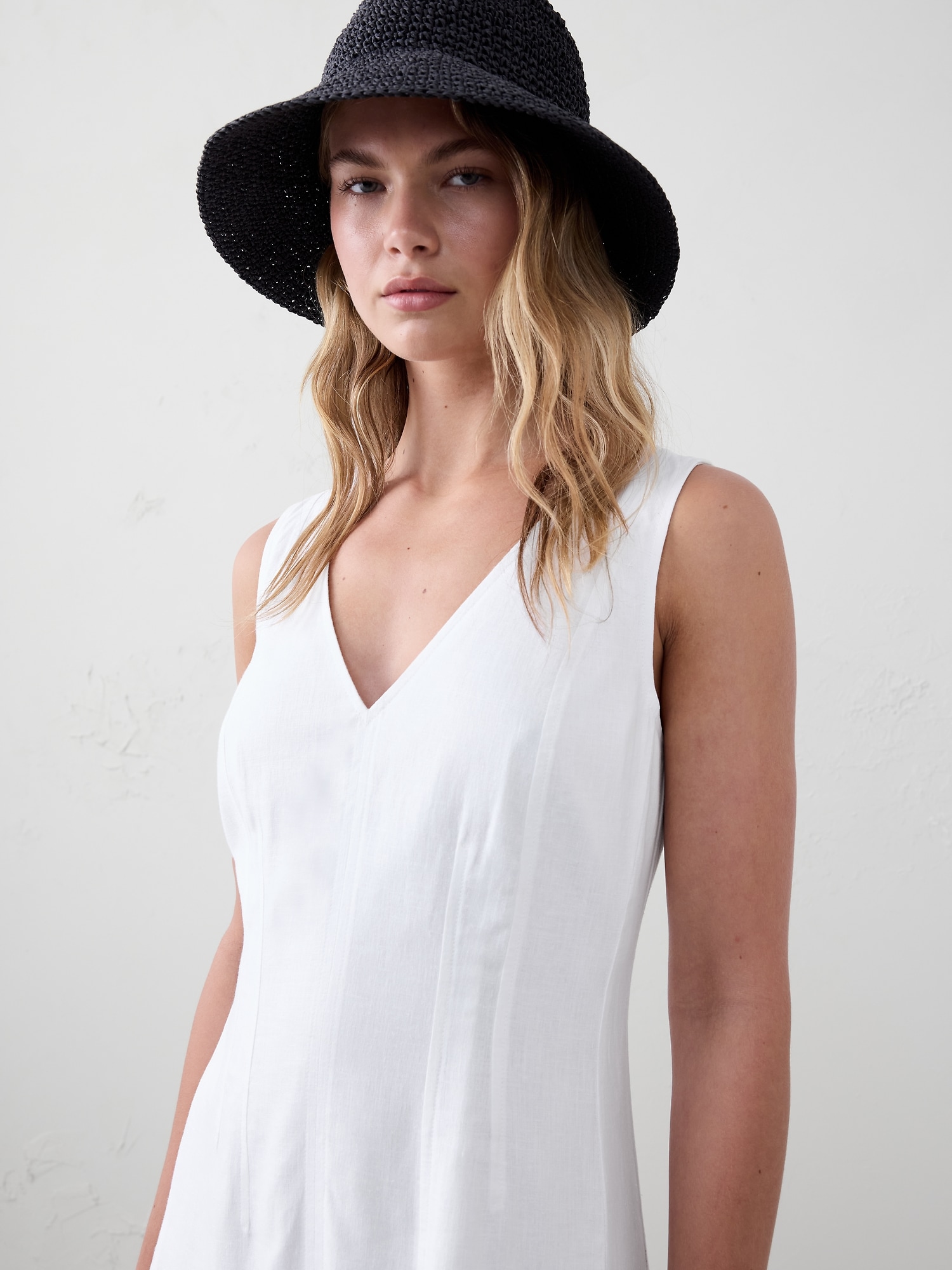 Linen-Blend Seamed Bodice Mini Dress