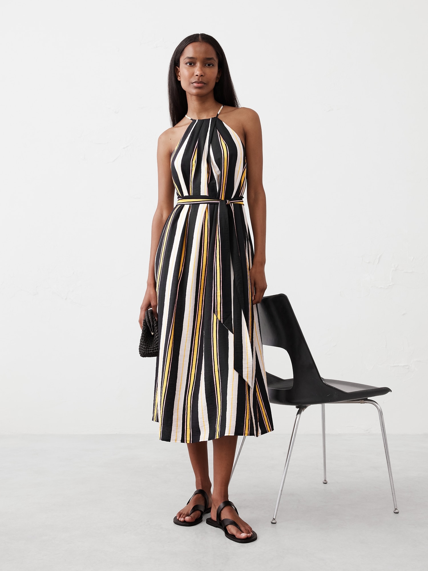 Pleated-Neck Midi Dress