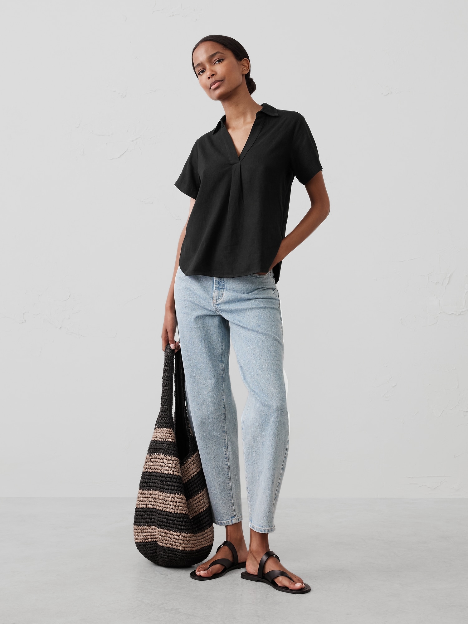 Linen-Blend Collared Top