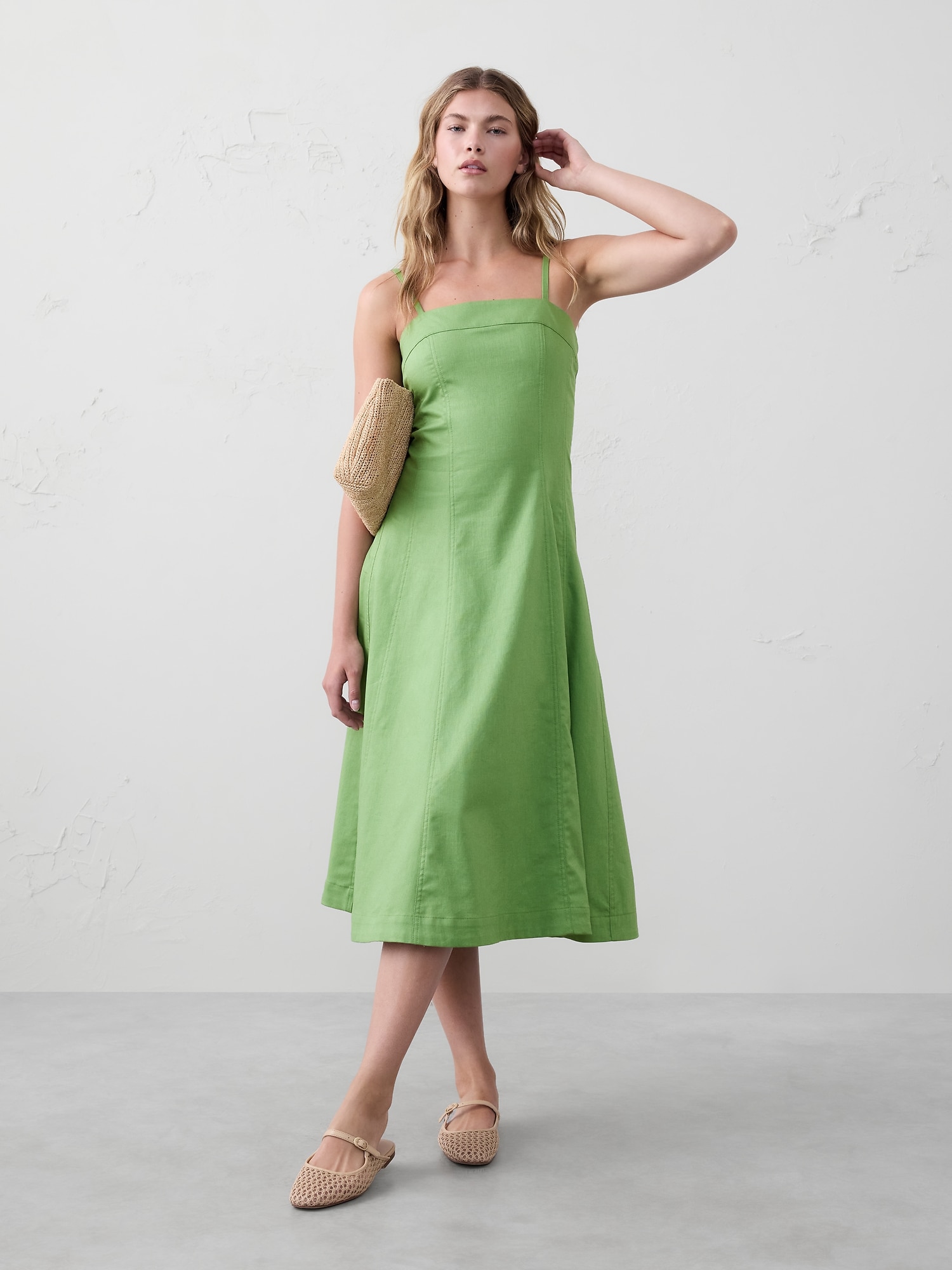 Linen-Blend Seamed Midi Dress