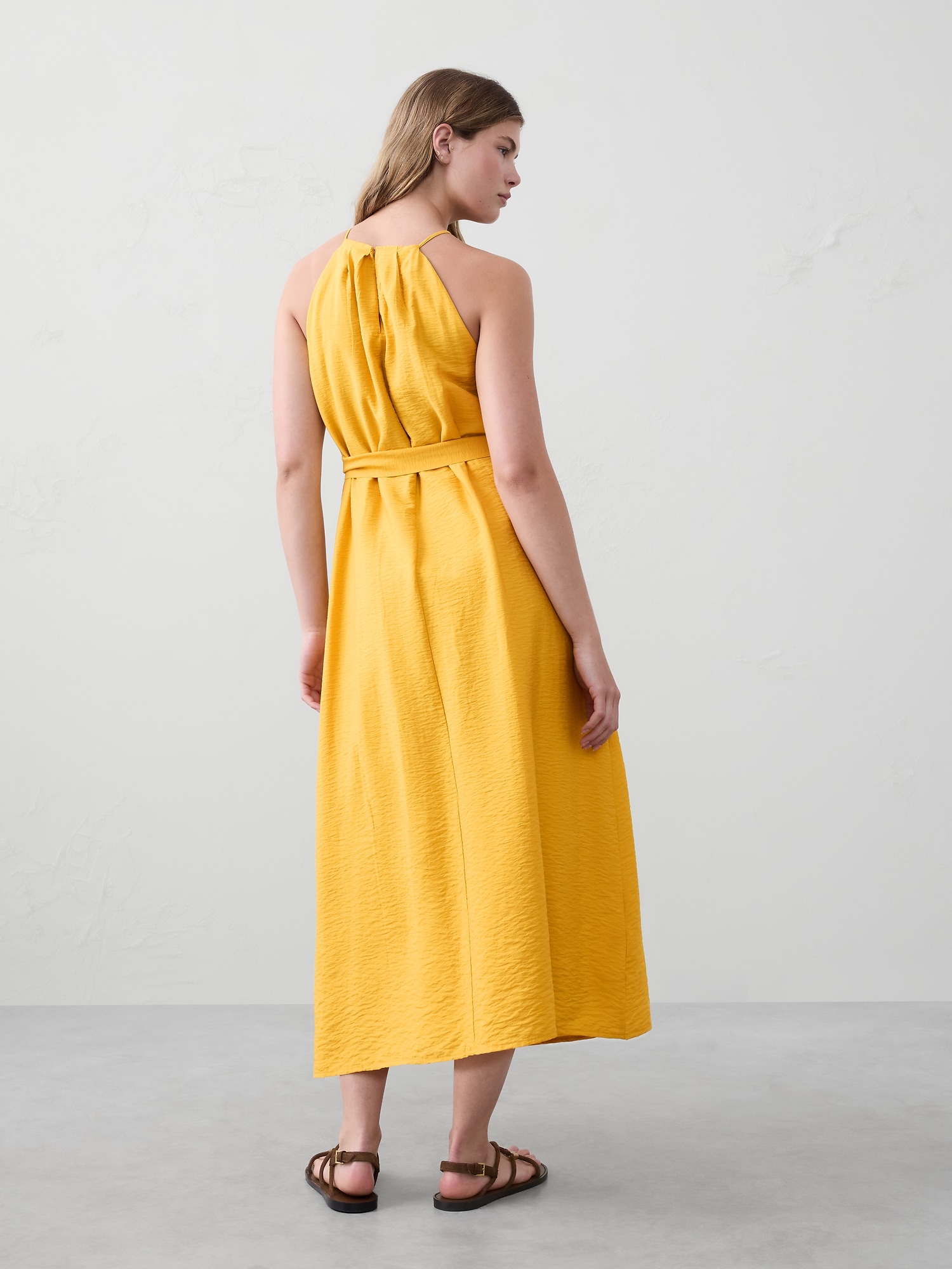 Pleated-Neck Midi Dress