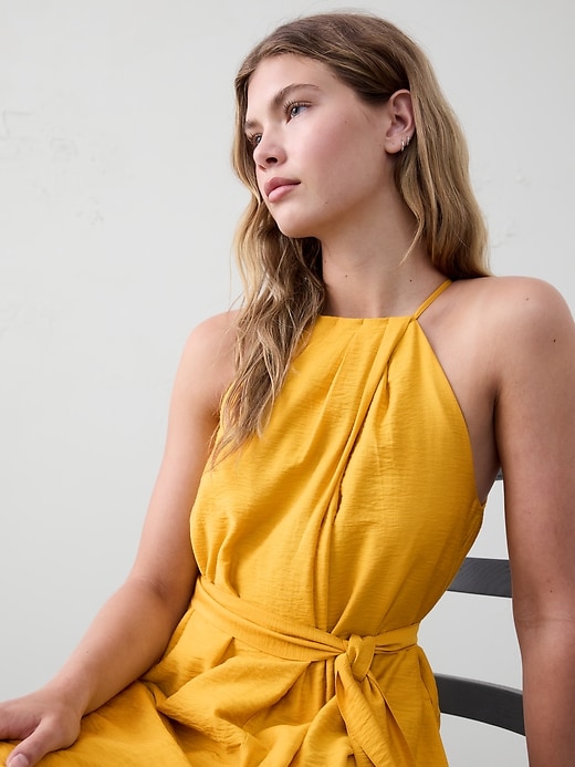 Pleated-Neck Midi Dress