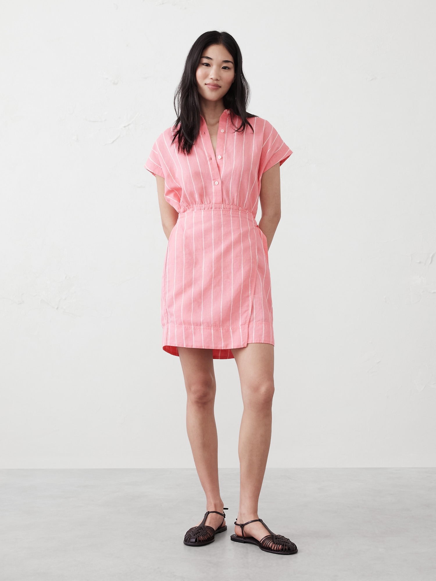 Linen-Blend Wrap Mini Shirtdress