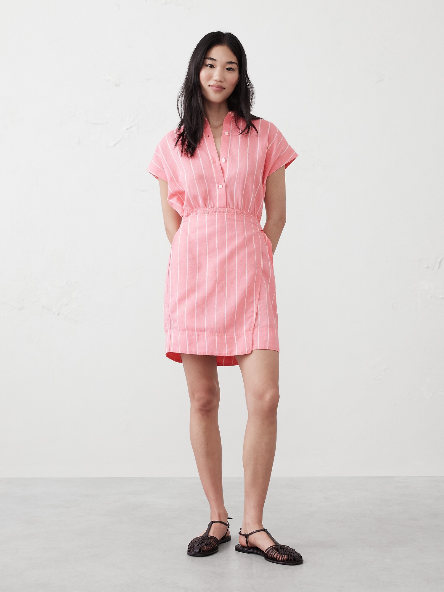 Linen-Blend Wrap Mini Shirtdress