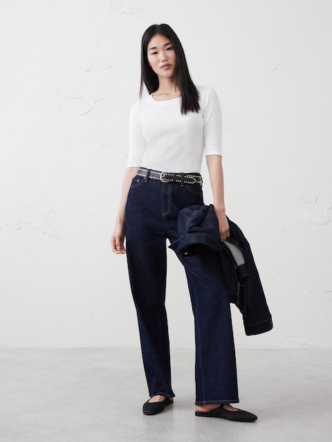Ribbed Elbow-Sleeve T-Shirt