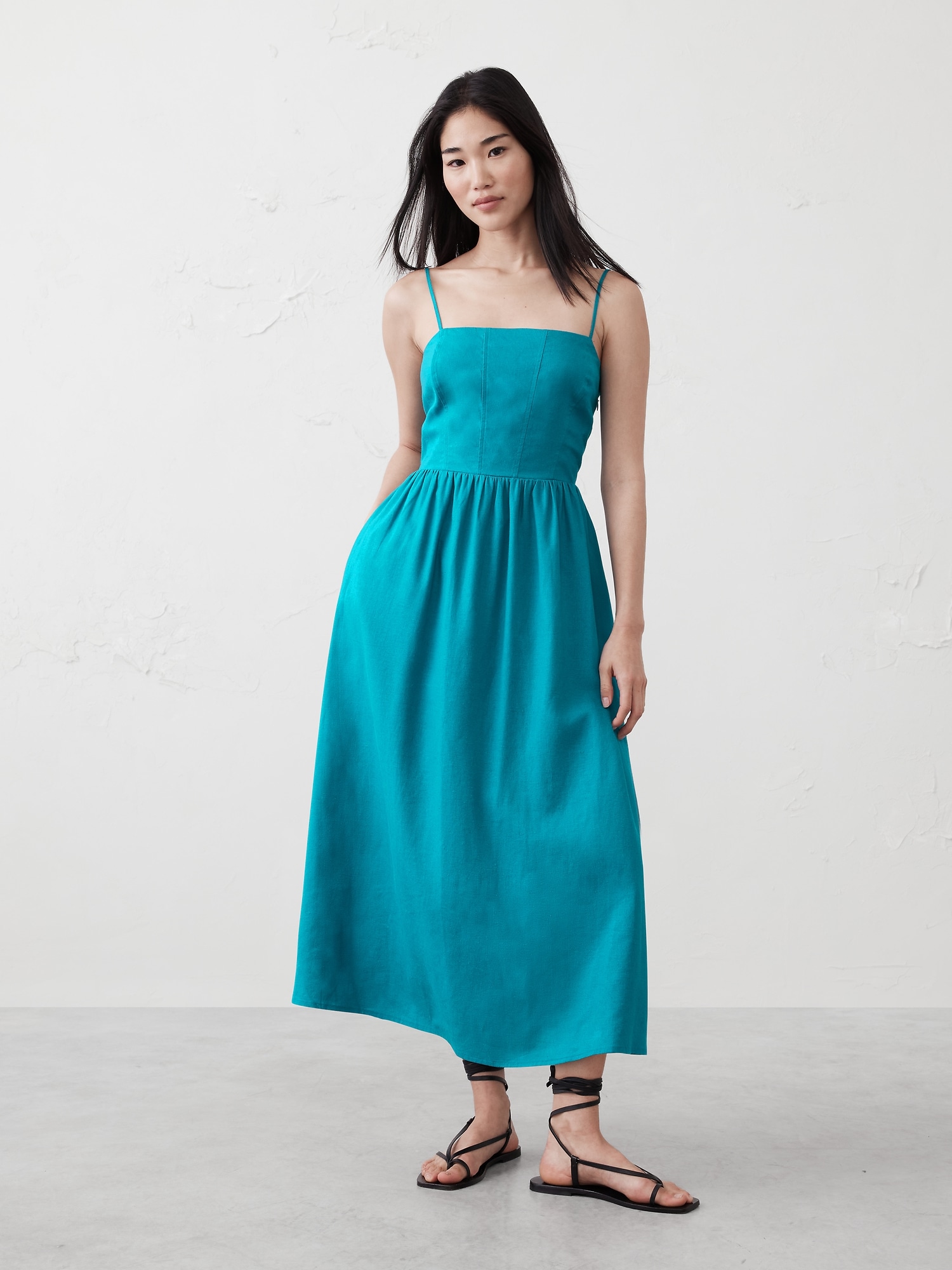 Strappy Seamed-Bodice Midi Dress