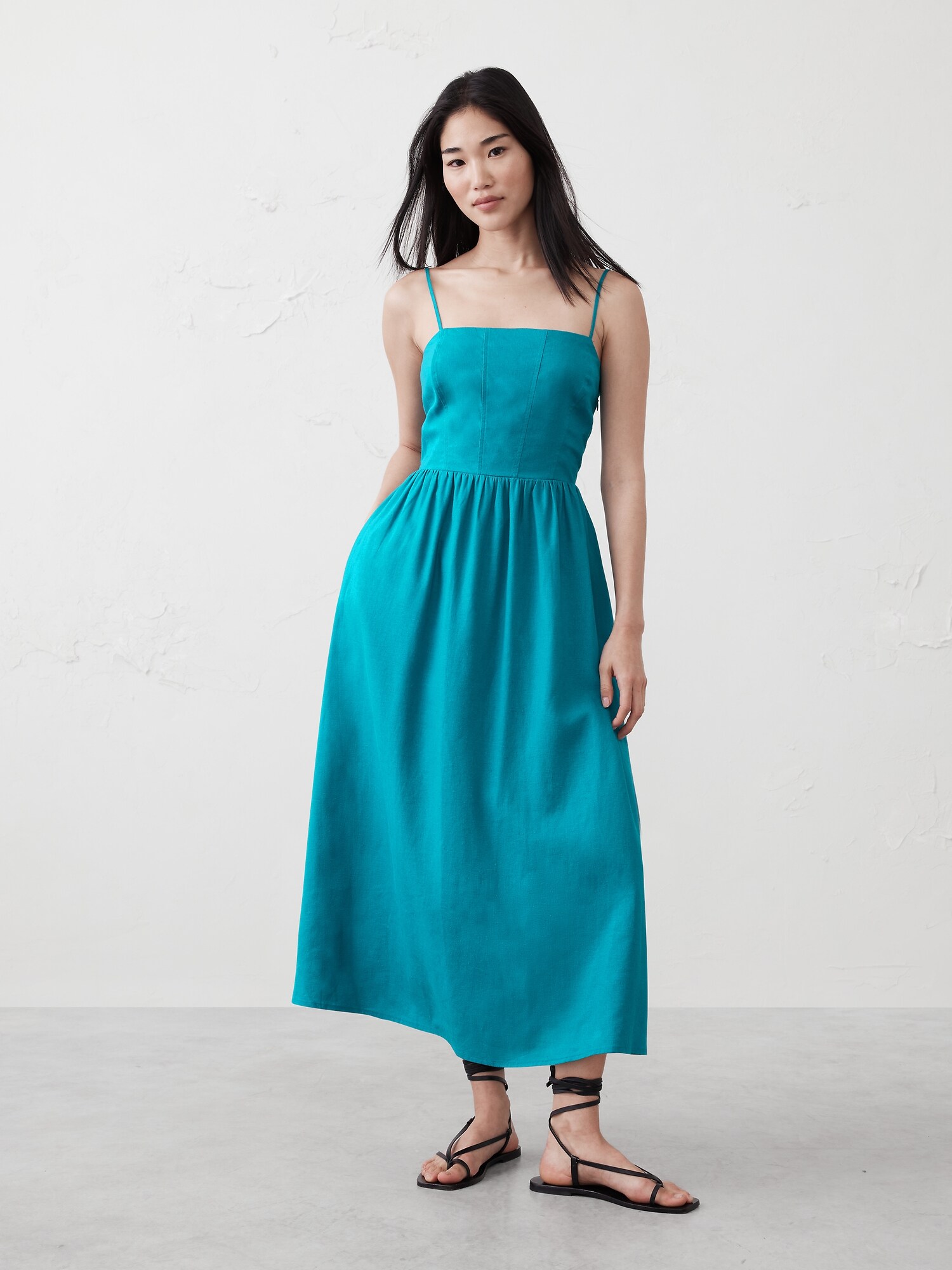 Linen-Blend Seamed-Bodice Midi Dress