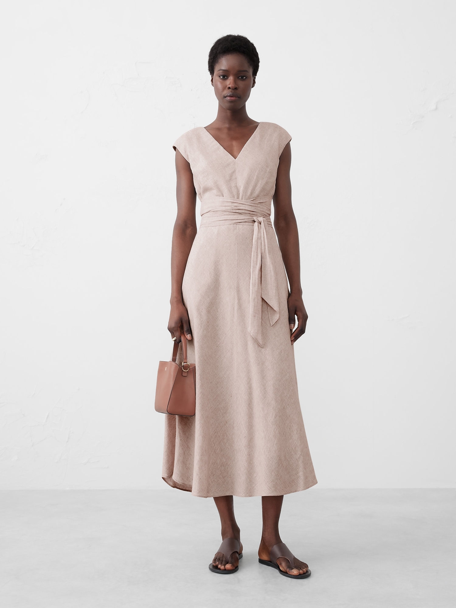 Linen-Blend Wrap Midi Dress