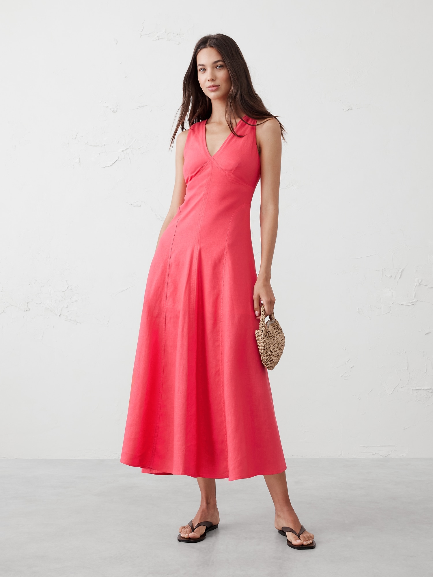 Linen-Blend Seamed Midi Dress
