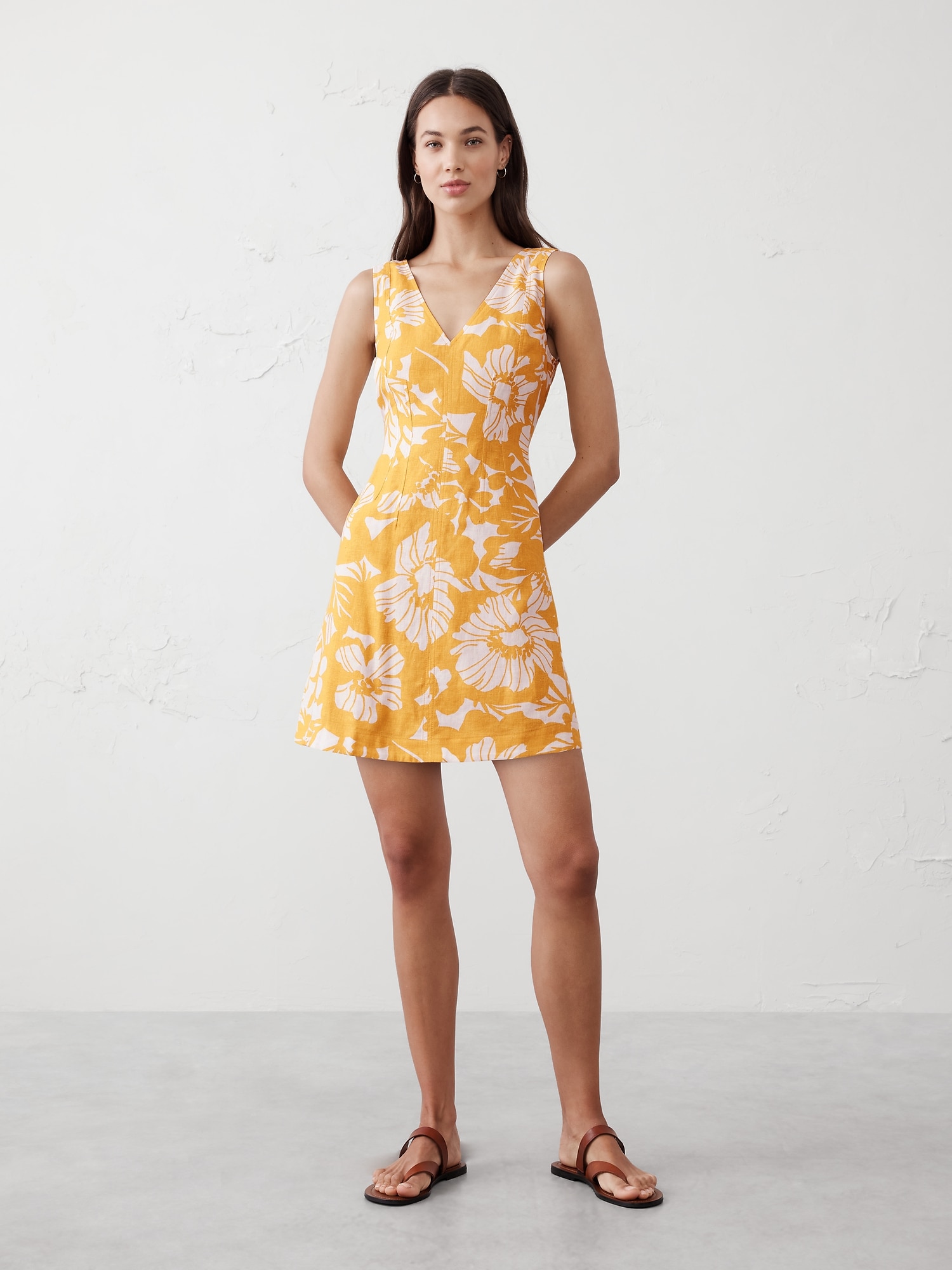 Linen-Blend Seamed Bodice Mini Dress