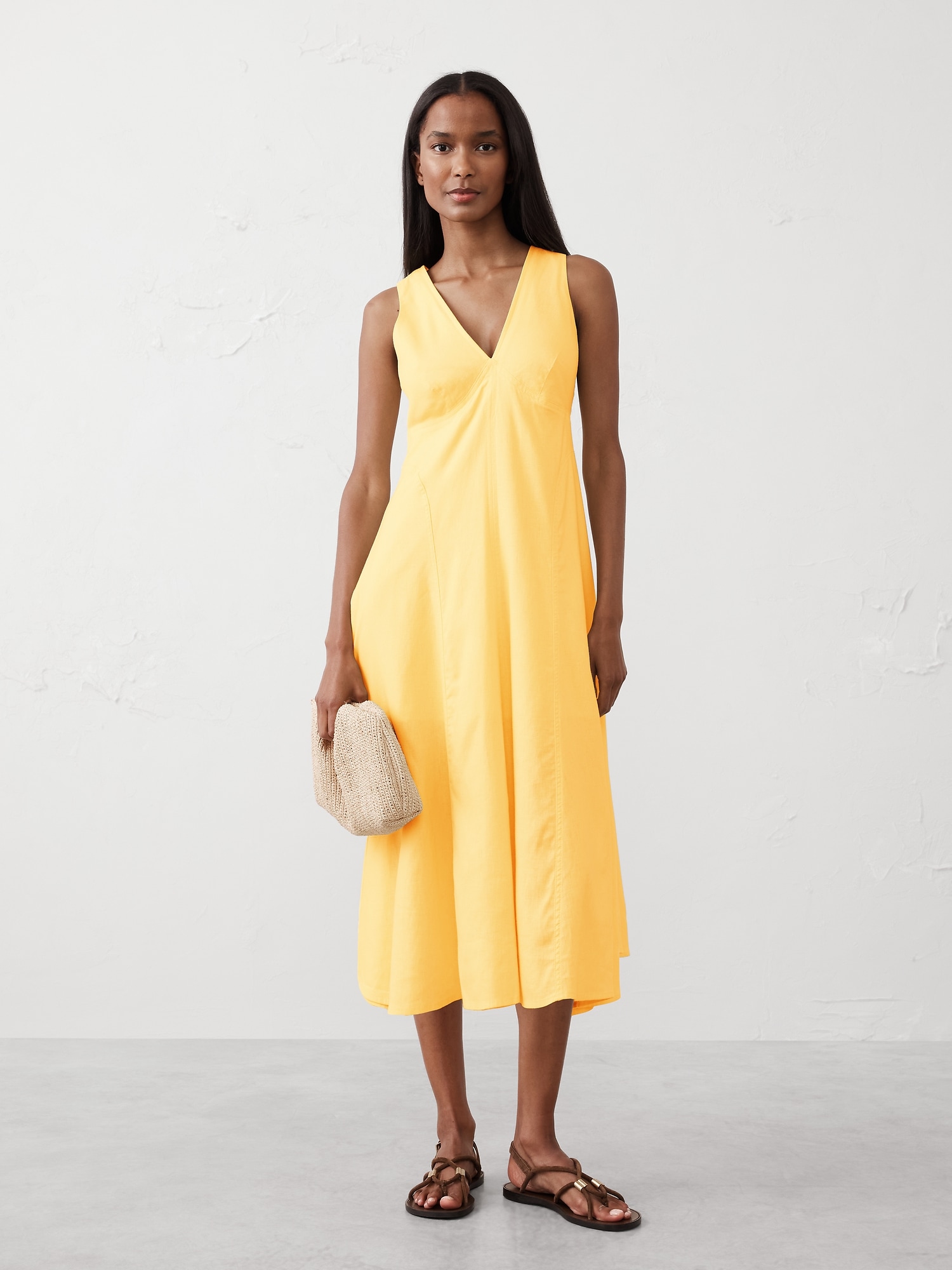Linen-Blend Seamed Midi Dress - Yellow