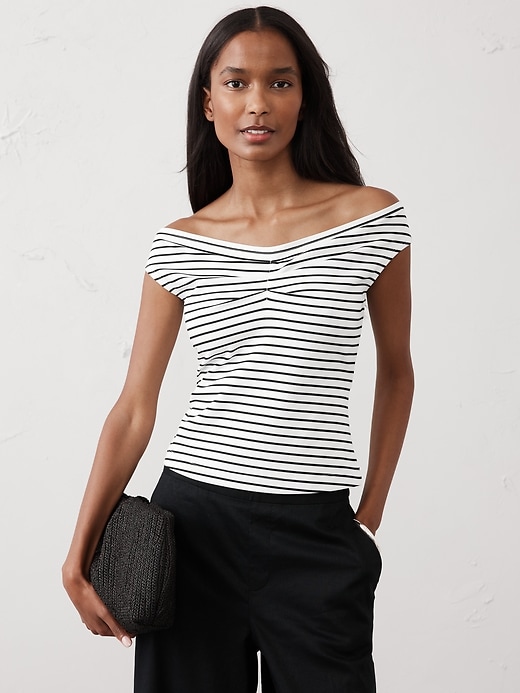 Soft Stretch Shirred-Waist Boat-Neck Top