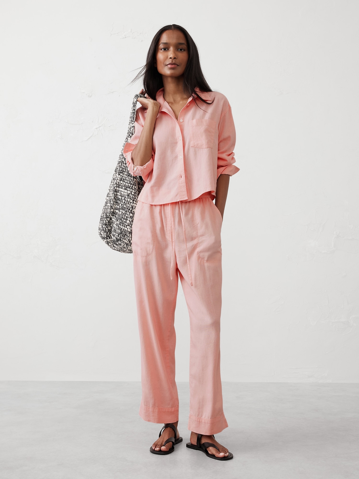 Straight Linen-Blend Pull-On Pant - Pink