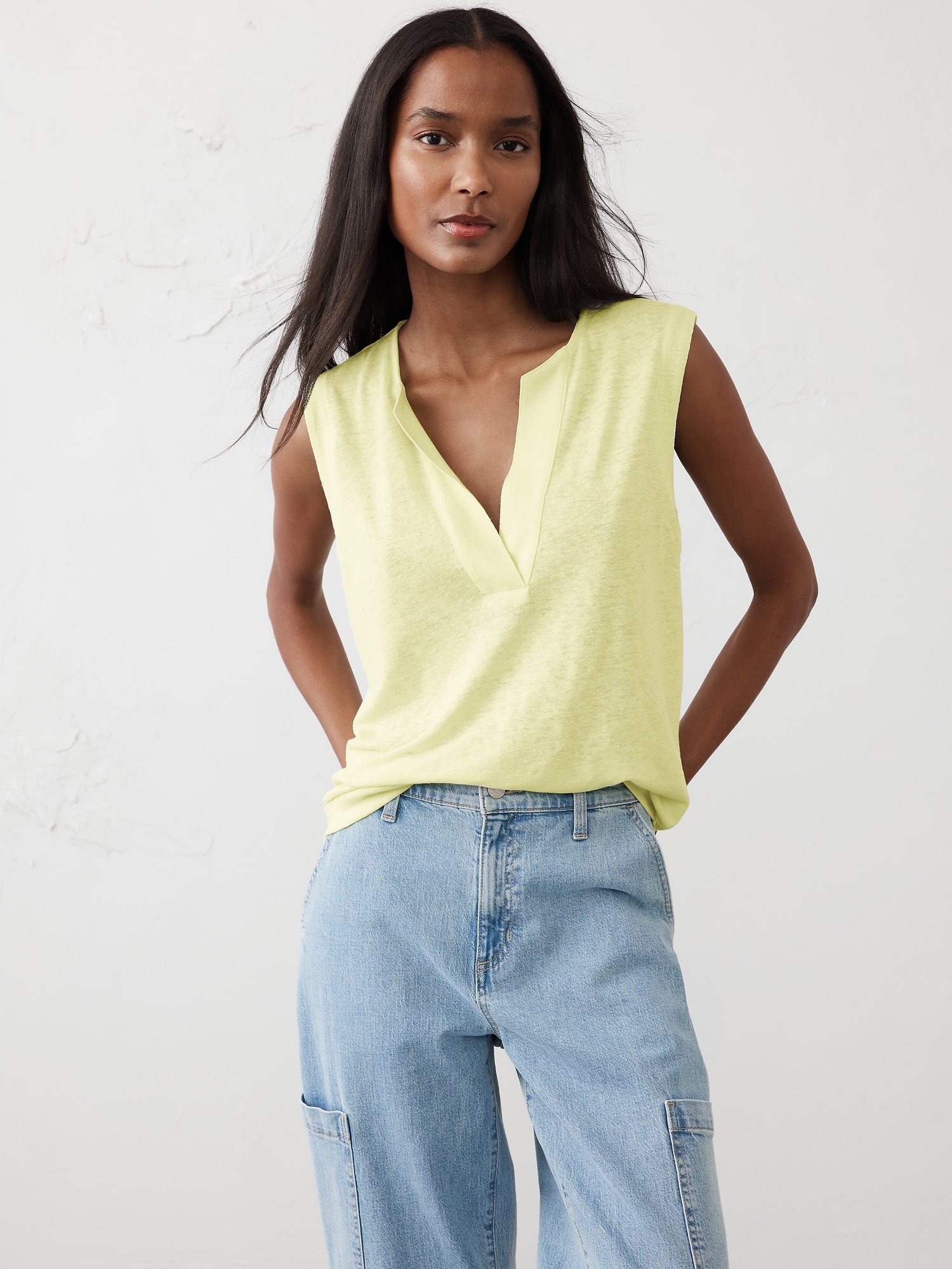 Linen-Blend Split-Neck Tank