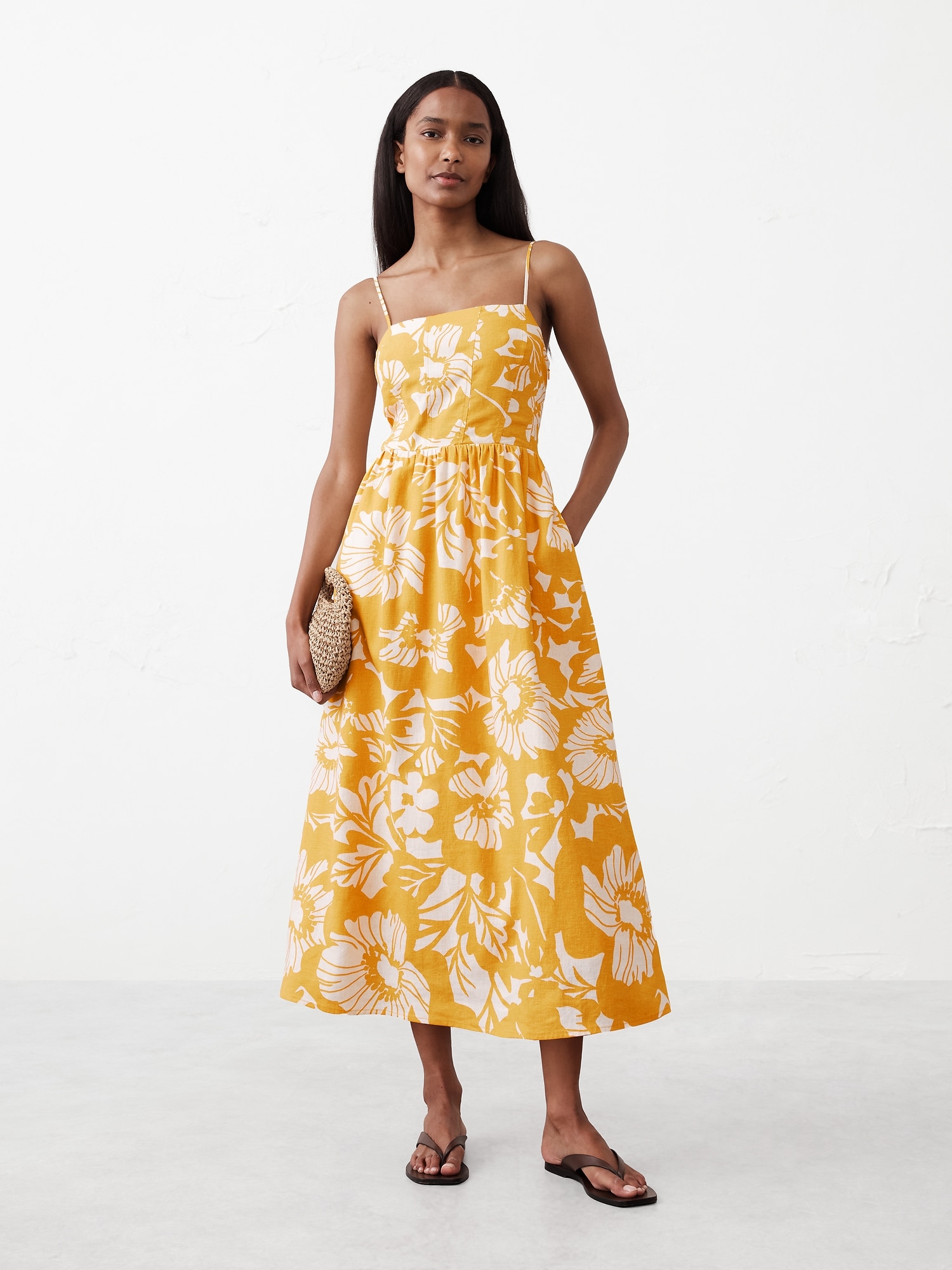 Strappy Seamed-Bodice Midi Dress