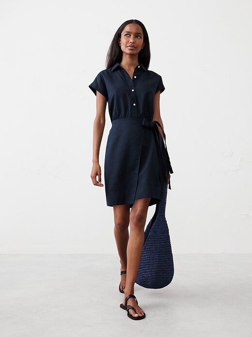 Linen-Blend Wrap Mini Shirtdress