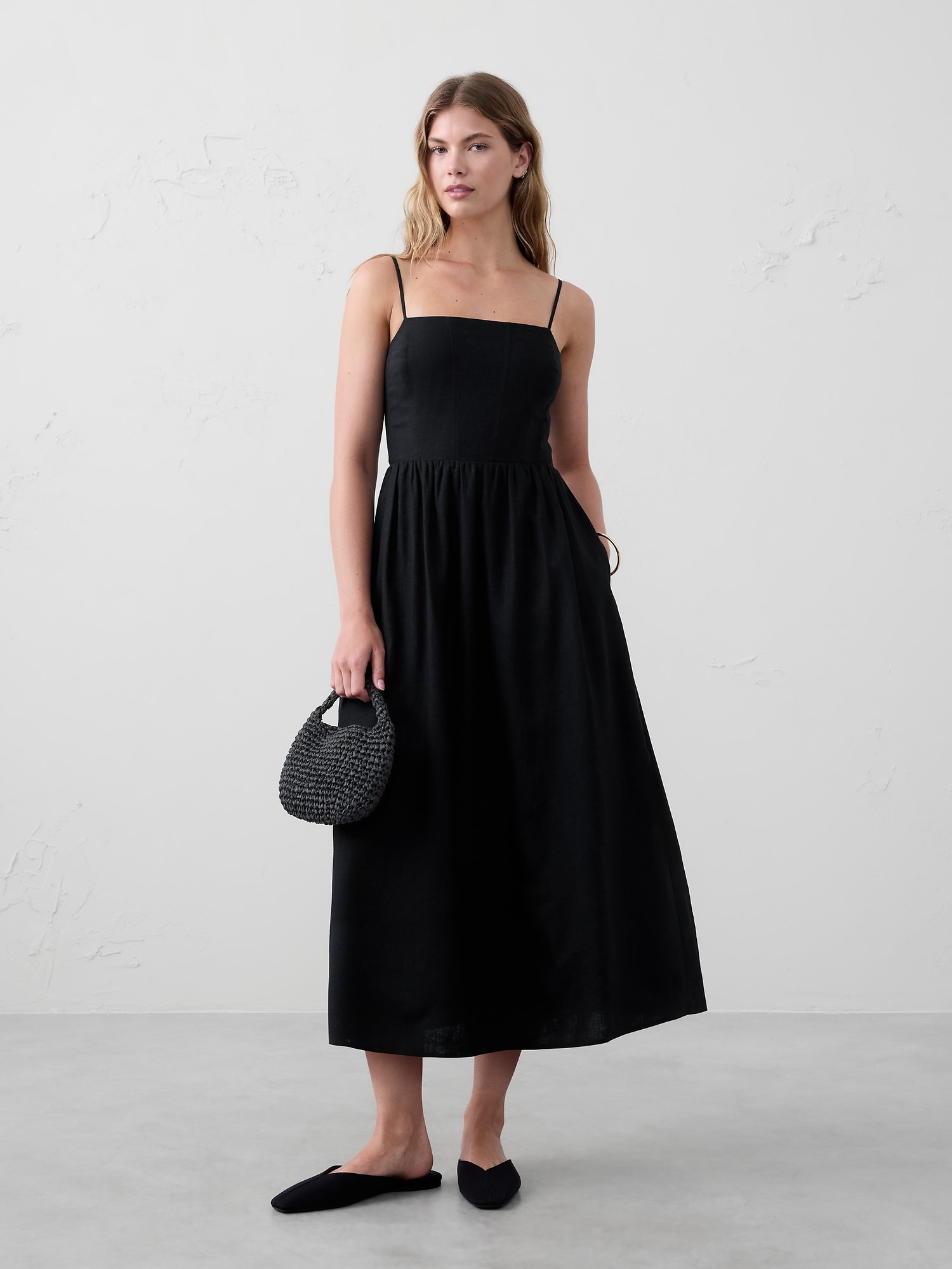 Strappy Seamed-Bodice Midi Dress