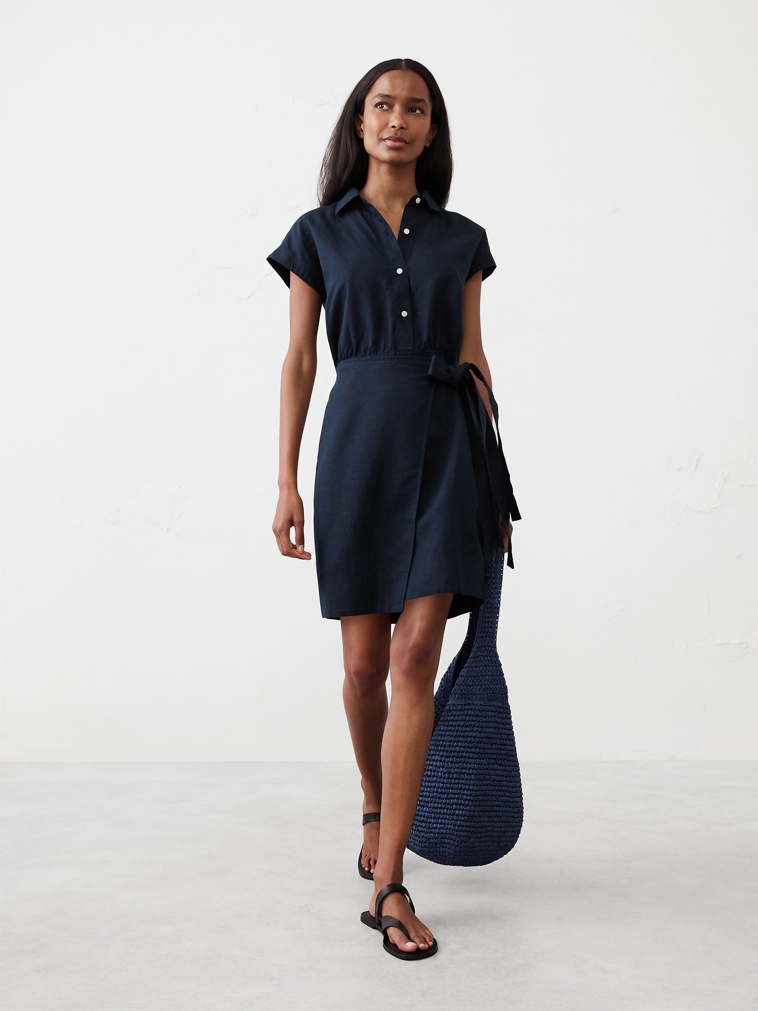 Linen-Blend Wrap Mini Shirtdress