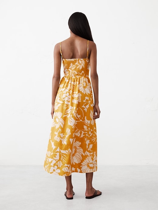 Linen-Blend Seamed-Bodice Midi Dress