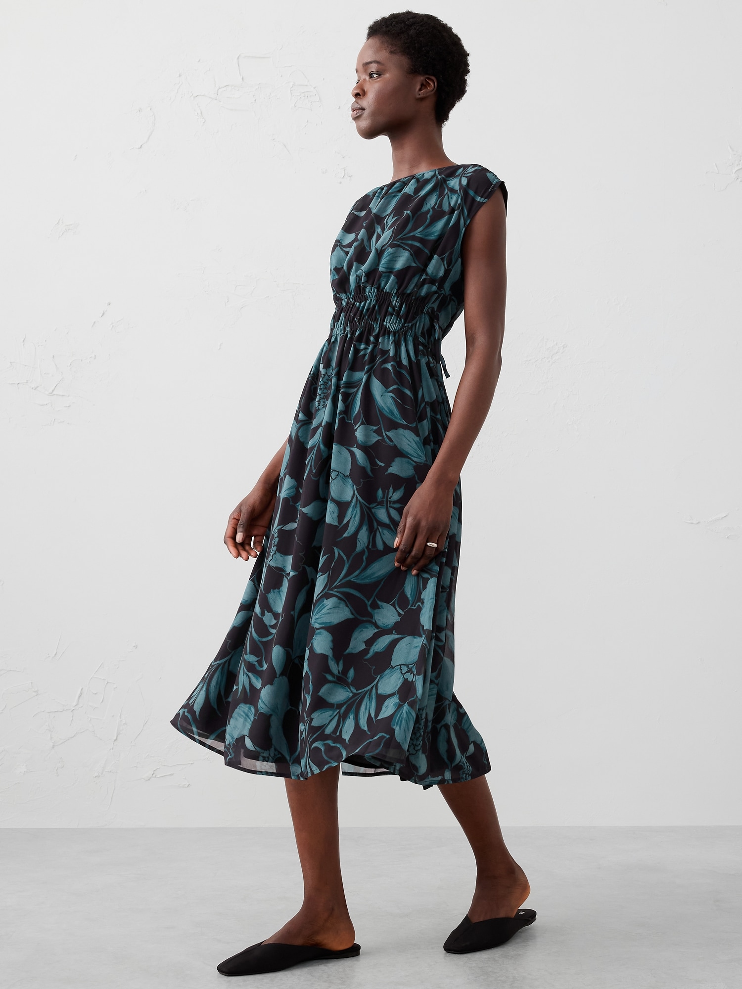 Side-Tied Midi Dress - Green Floral