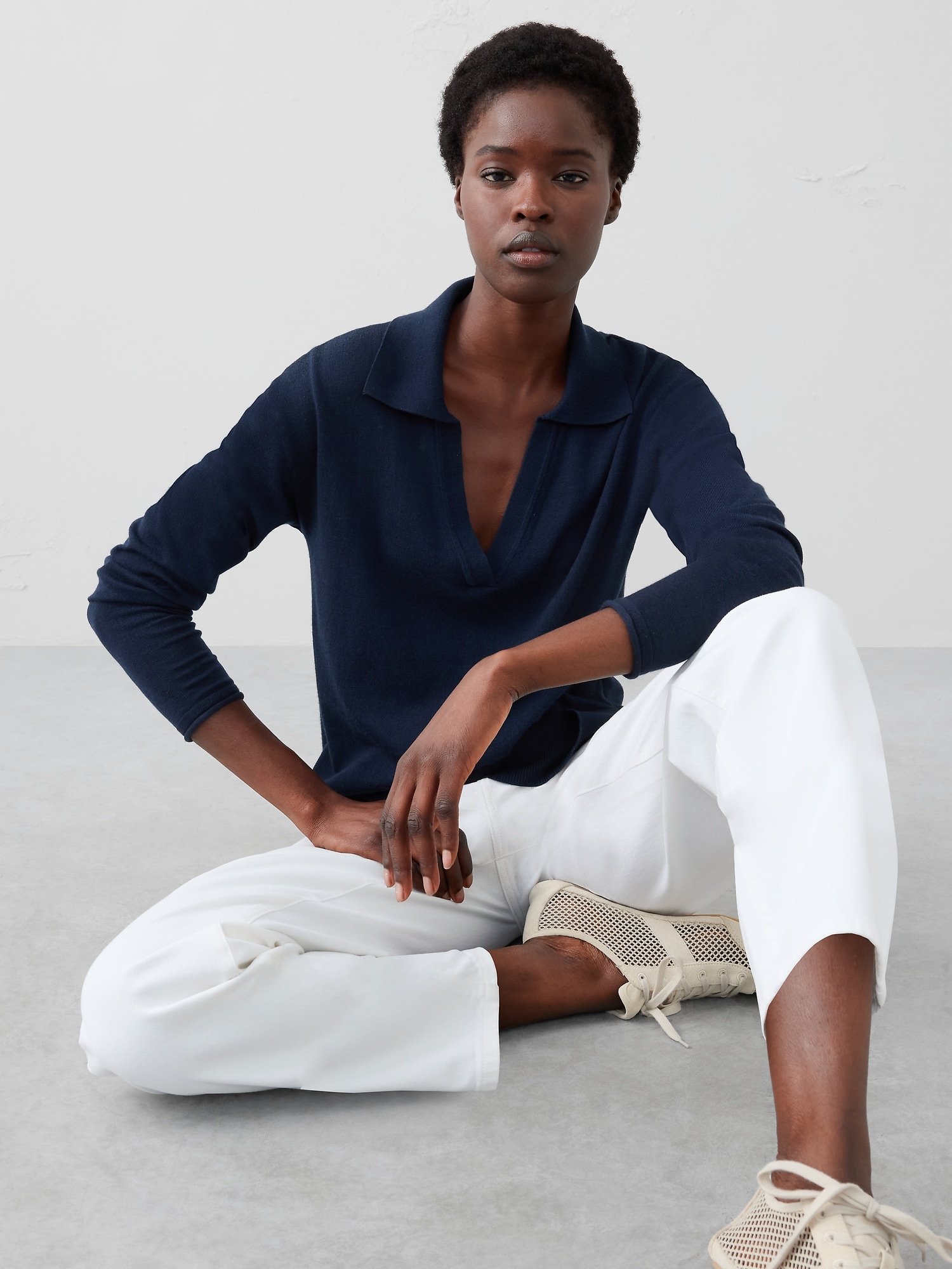 Merino Wool Johnny-Collar Sweater - Preppy Navy