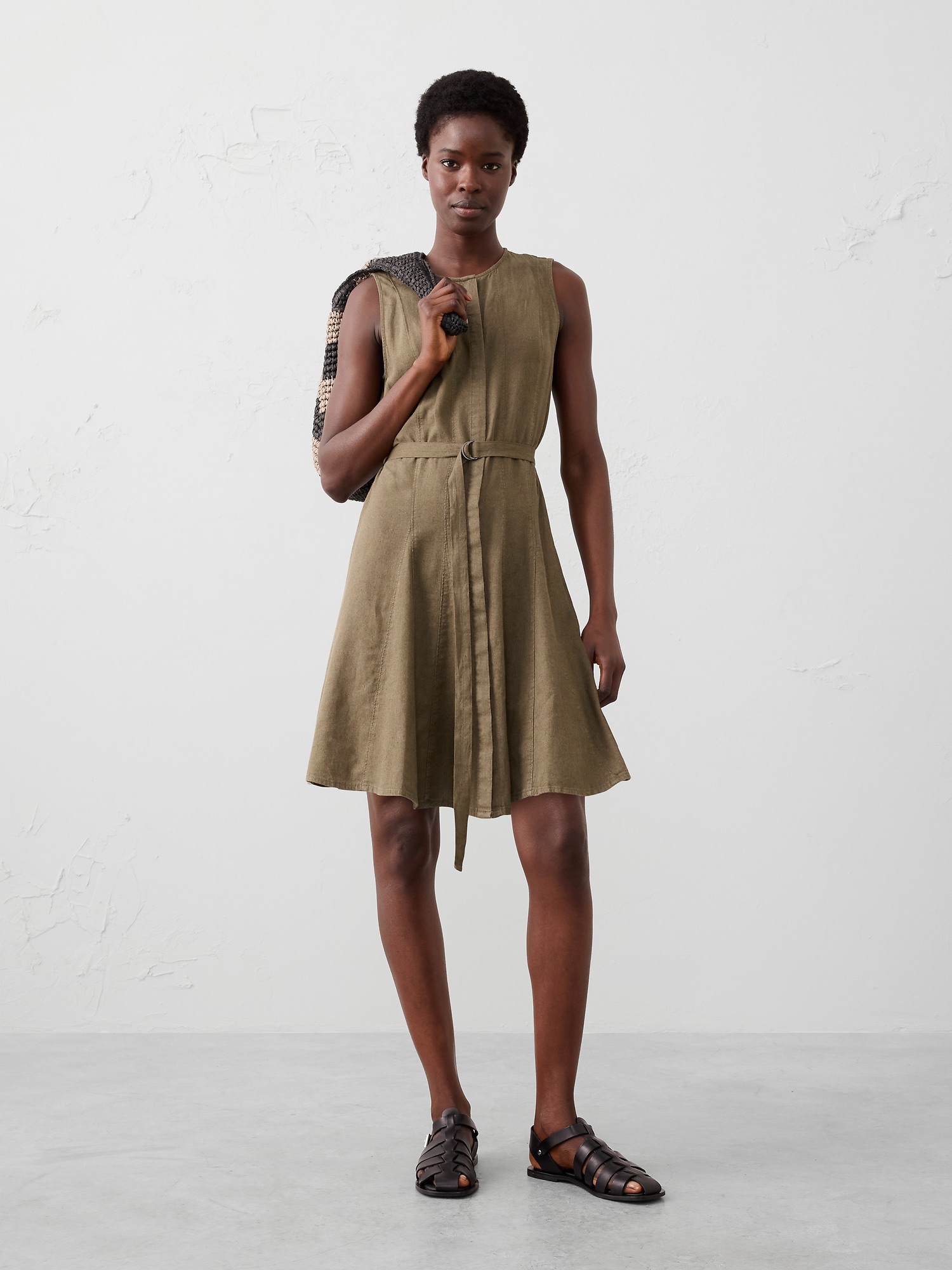 Linen-Blend Godet Mini Dress - Green