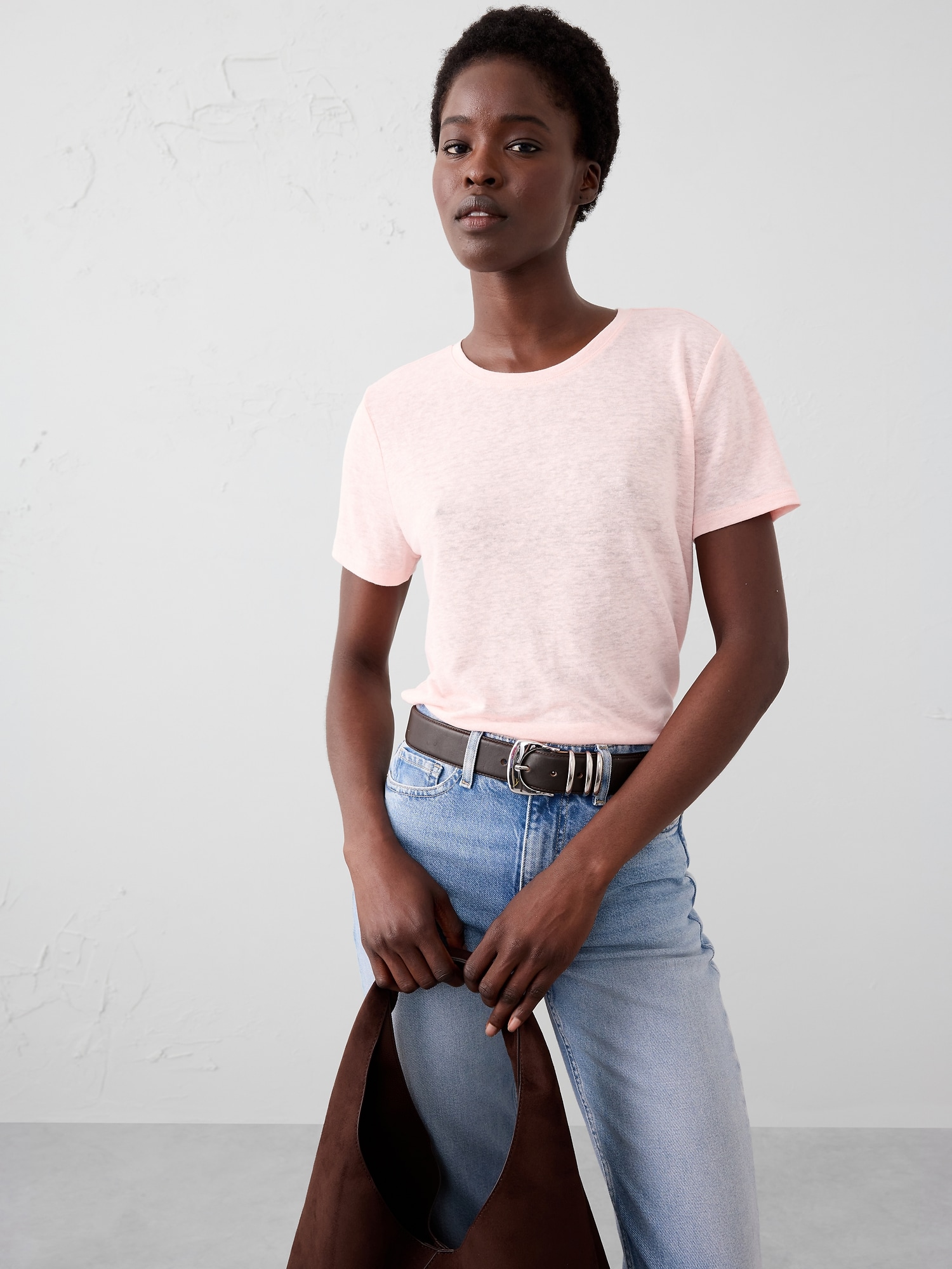 Linen-Blend Crew-Neck Top - Pink
