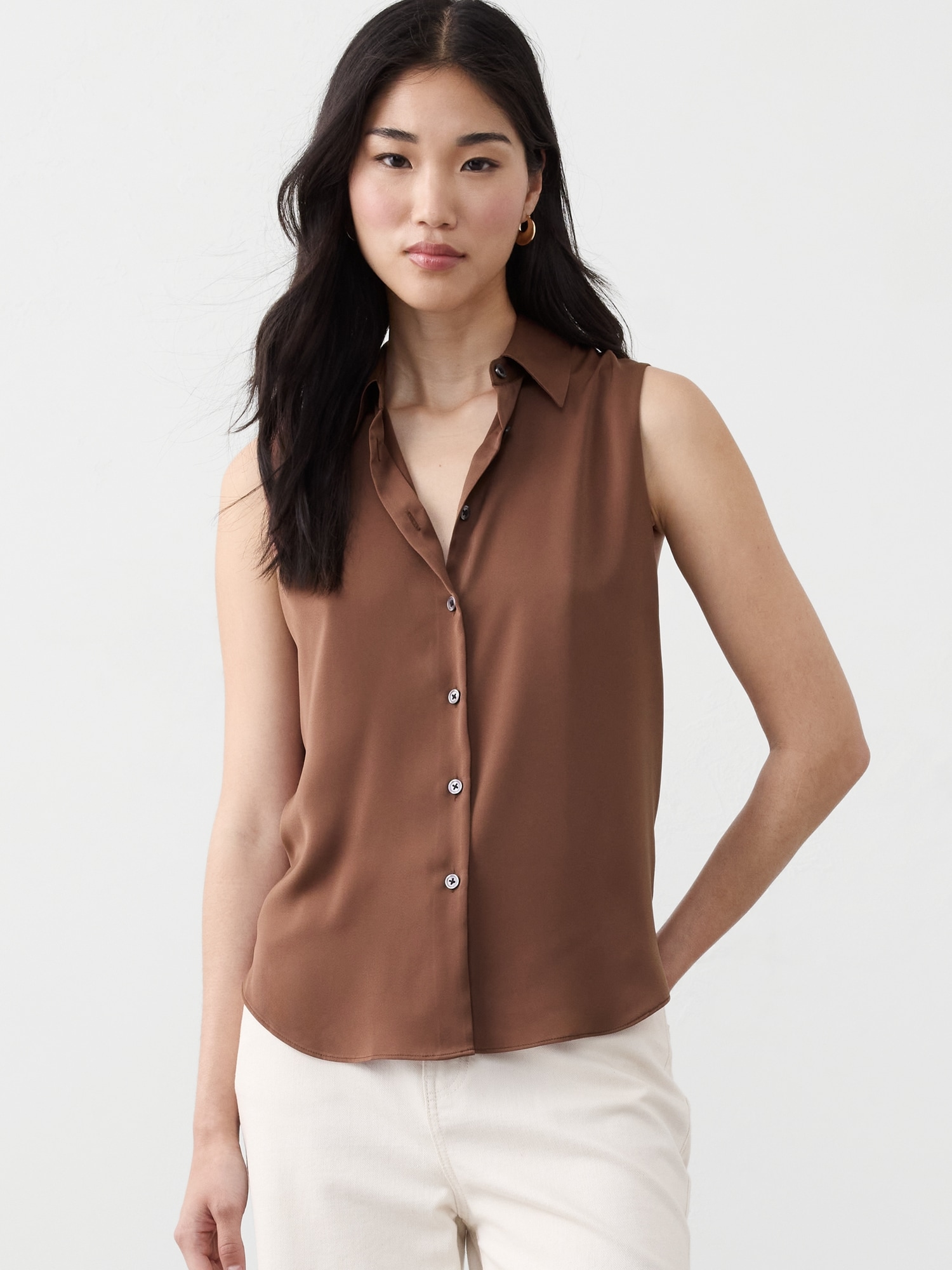 Silky Collared Top - Brown