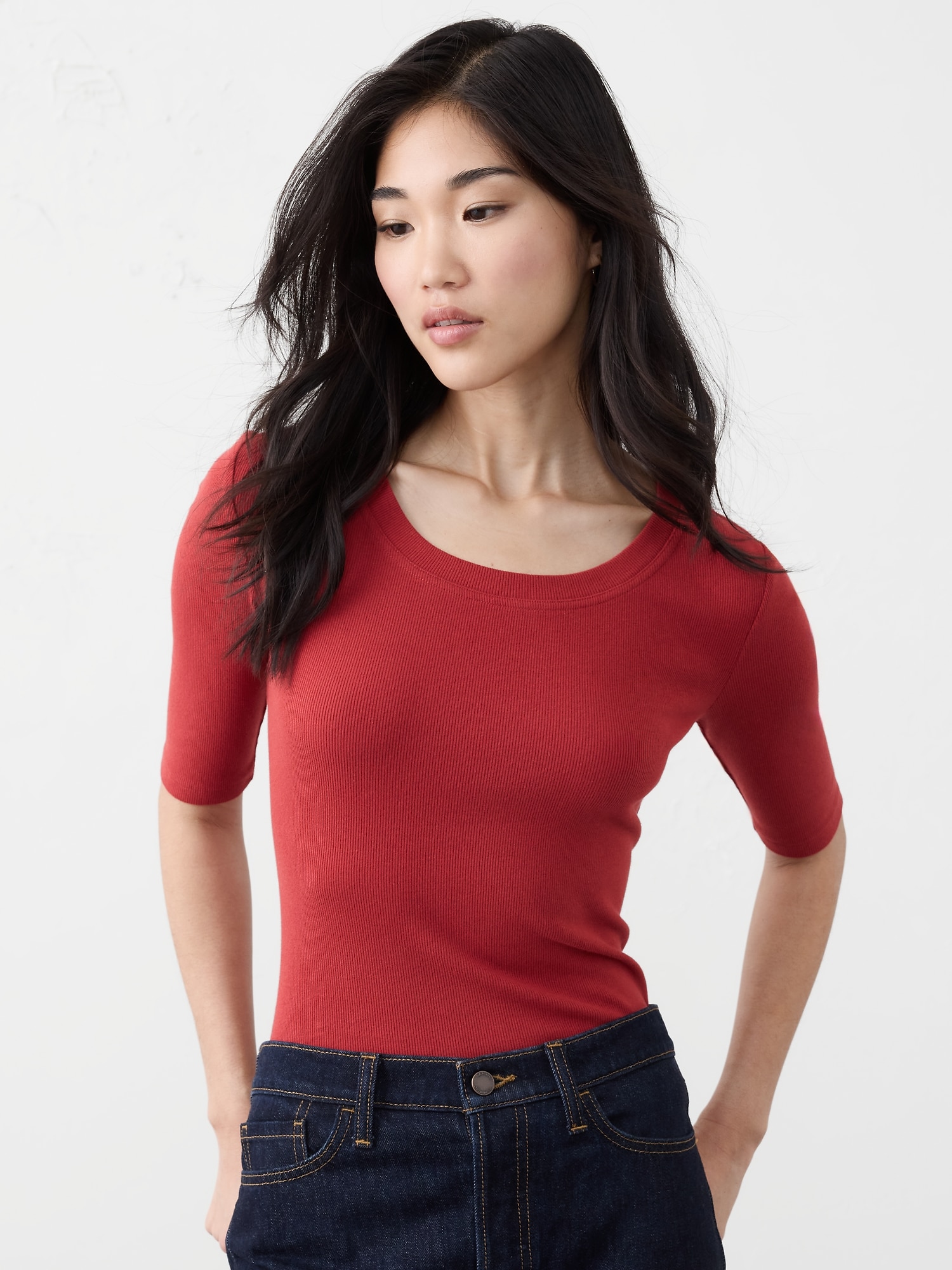 Ribbed Elbow-Sleeve T-Shirt - Embers
