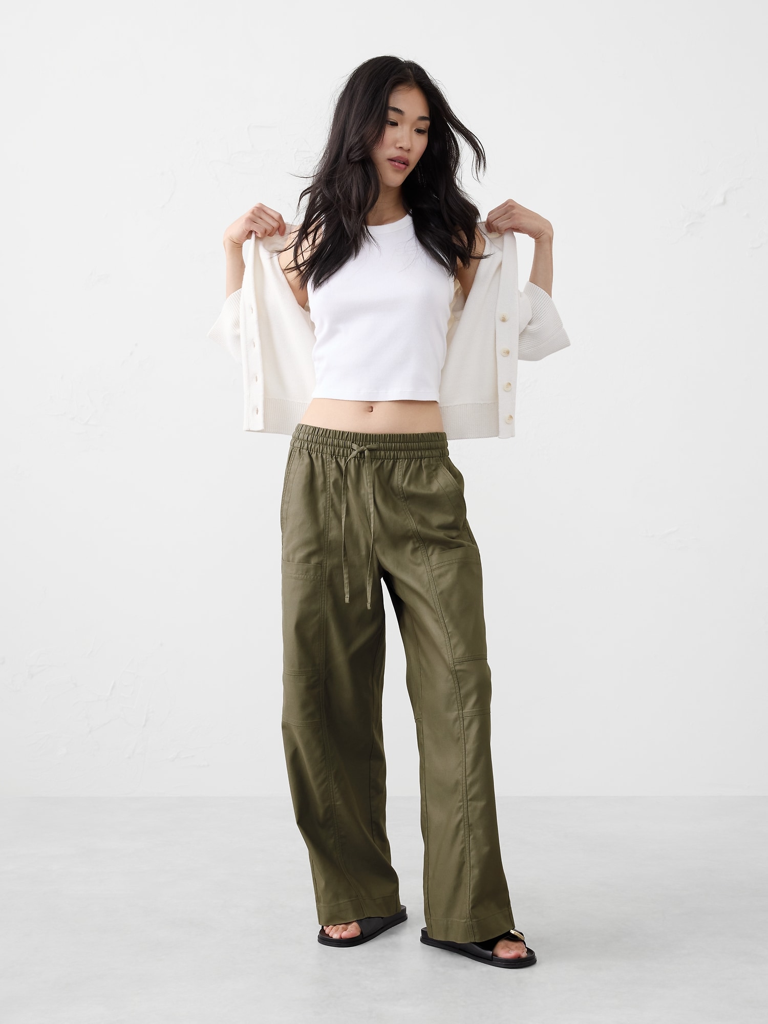Image number 1 showing, Wide-Leg Mid-Rise Cargo Pull-On Pant