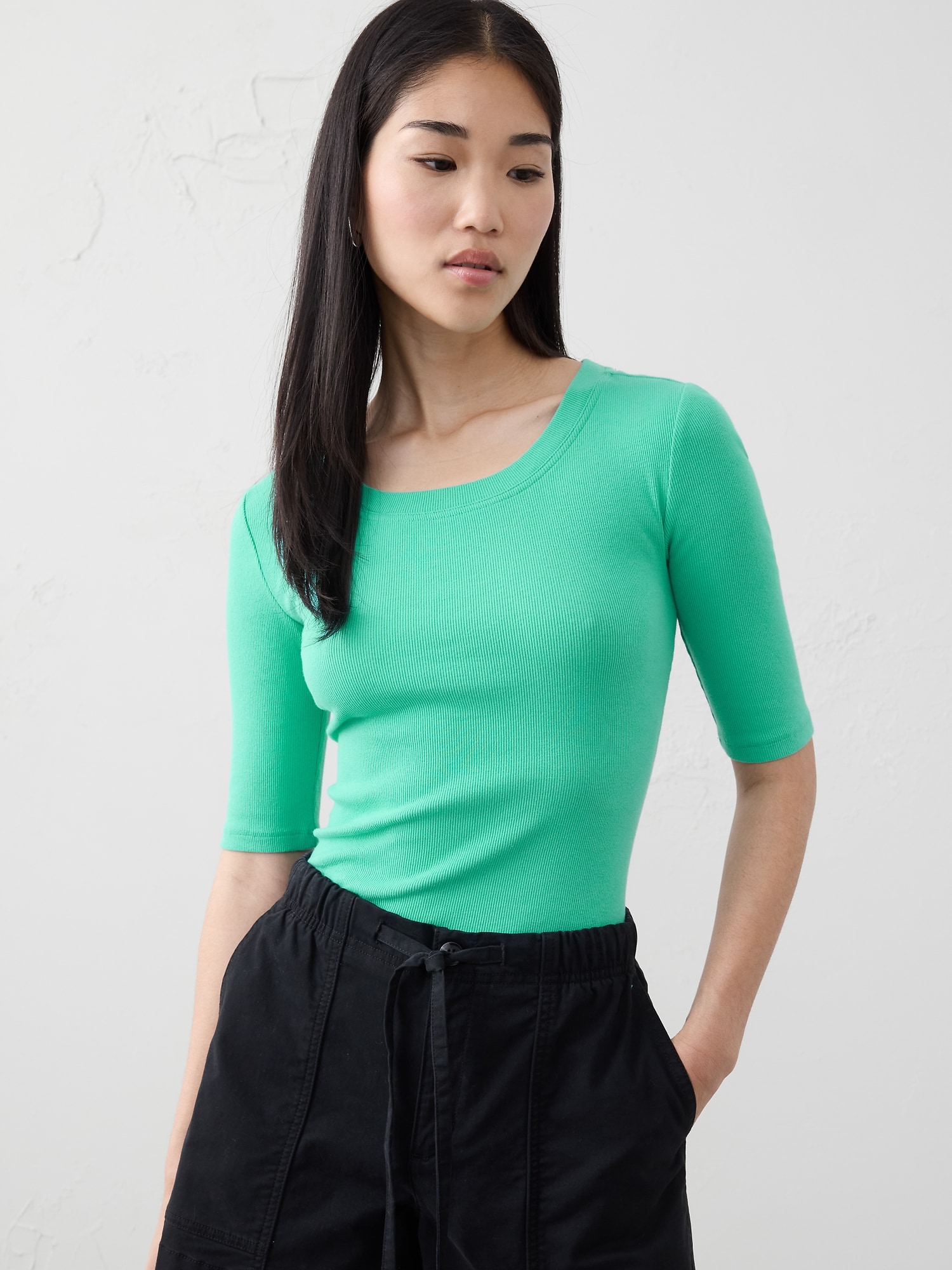 Ribbed Elbow-Sleeve T-Shirt - Blue