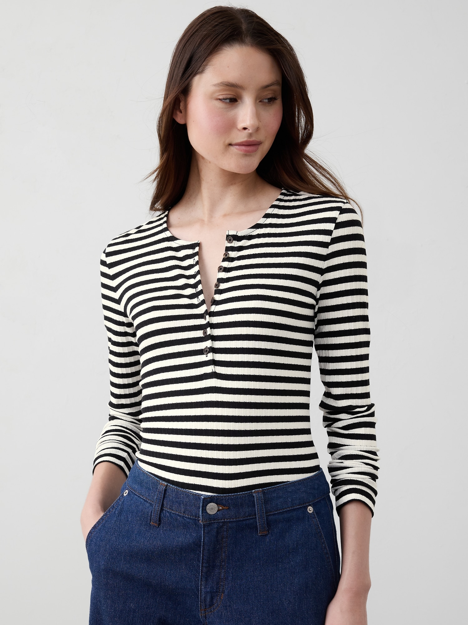 Textured Henley - Black/ White Stripe