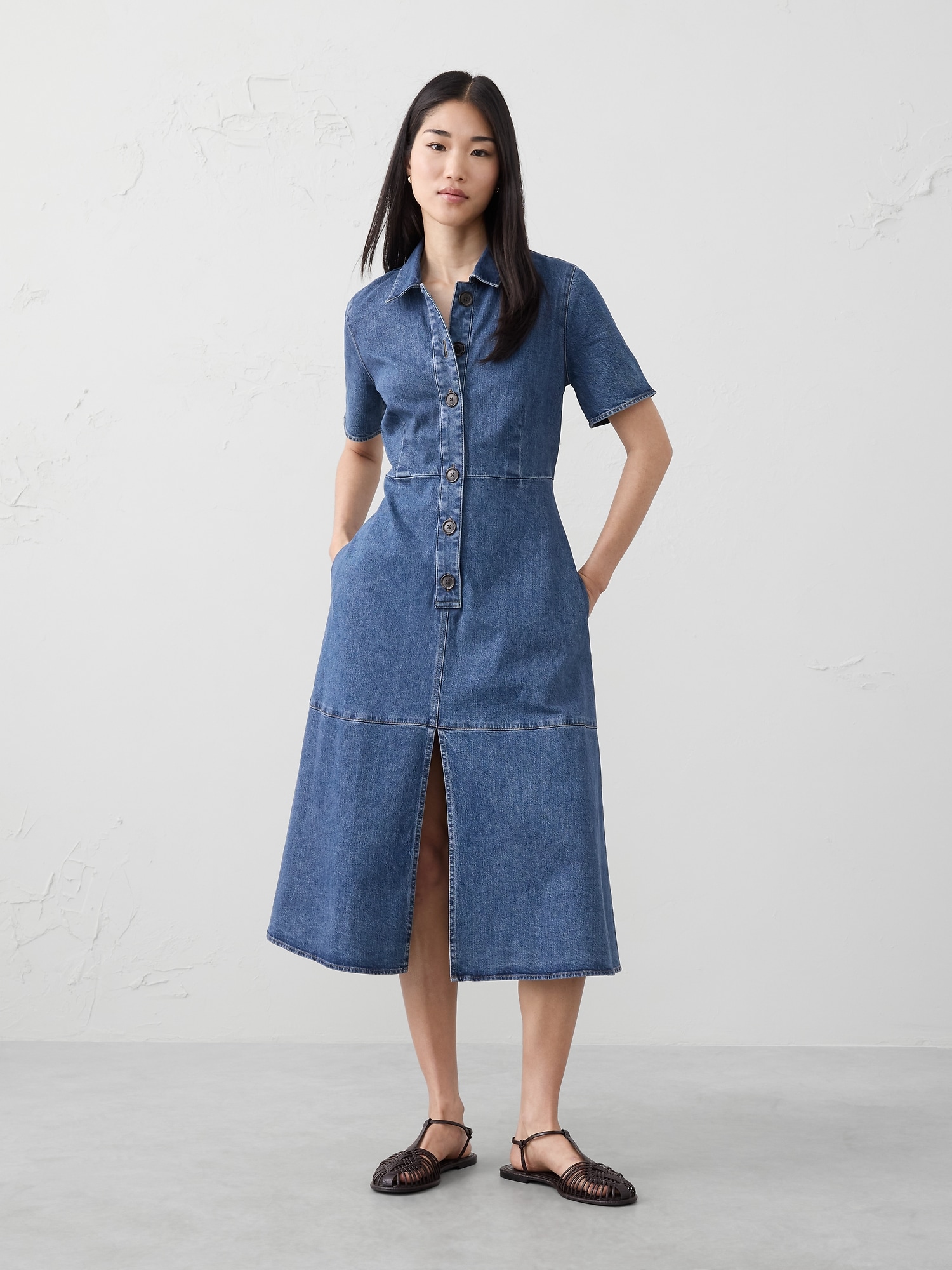Image number 1 showing, Collared Denim Midi Dress