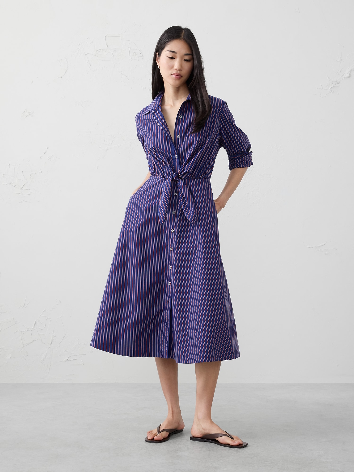Image number 1 showing, Cuffed Tie-Front Midi Shirtdress