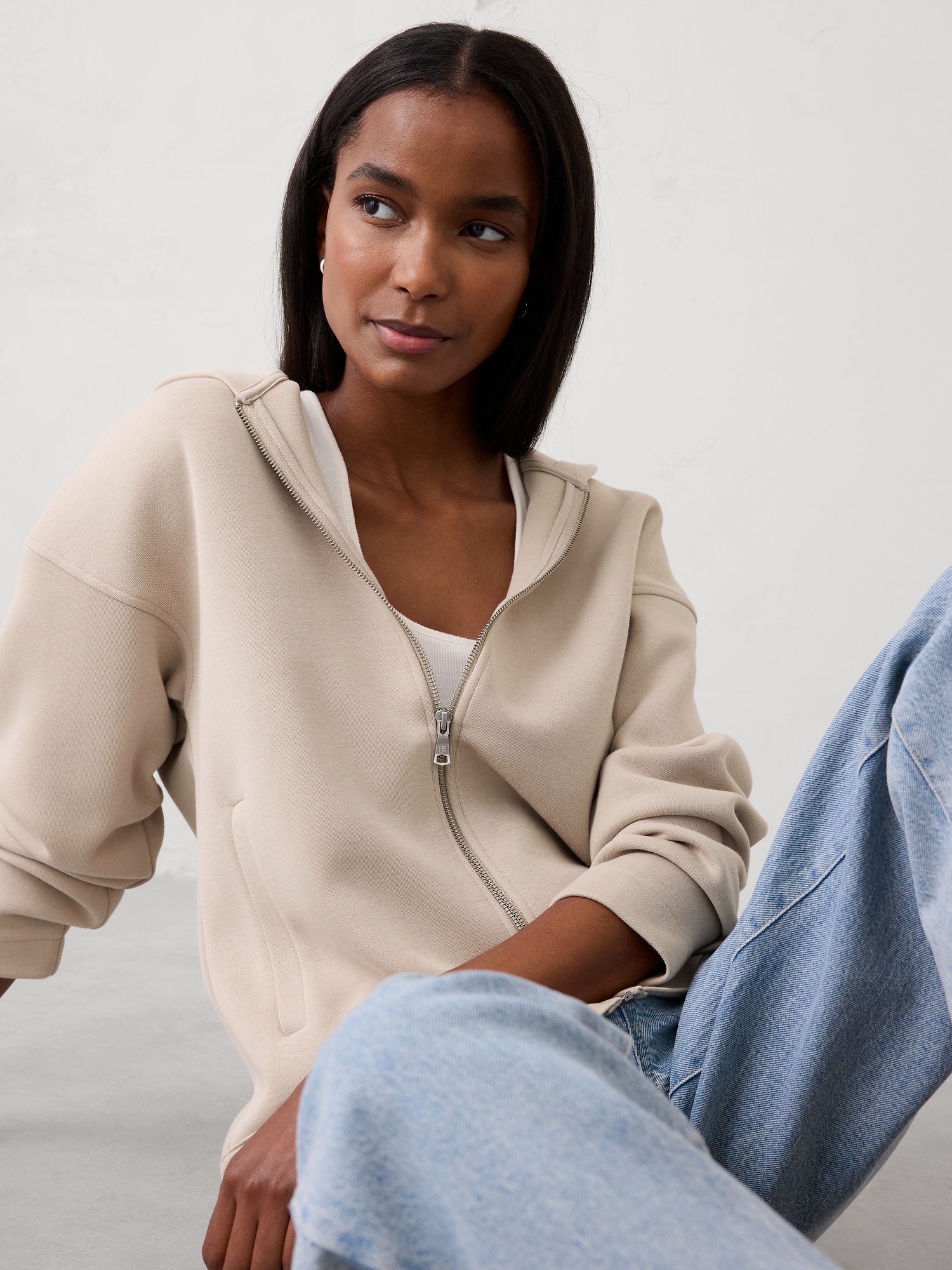 Scuba Zip Hoodie - Beige