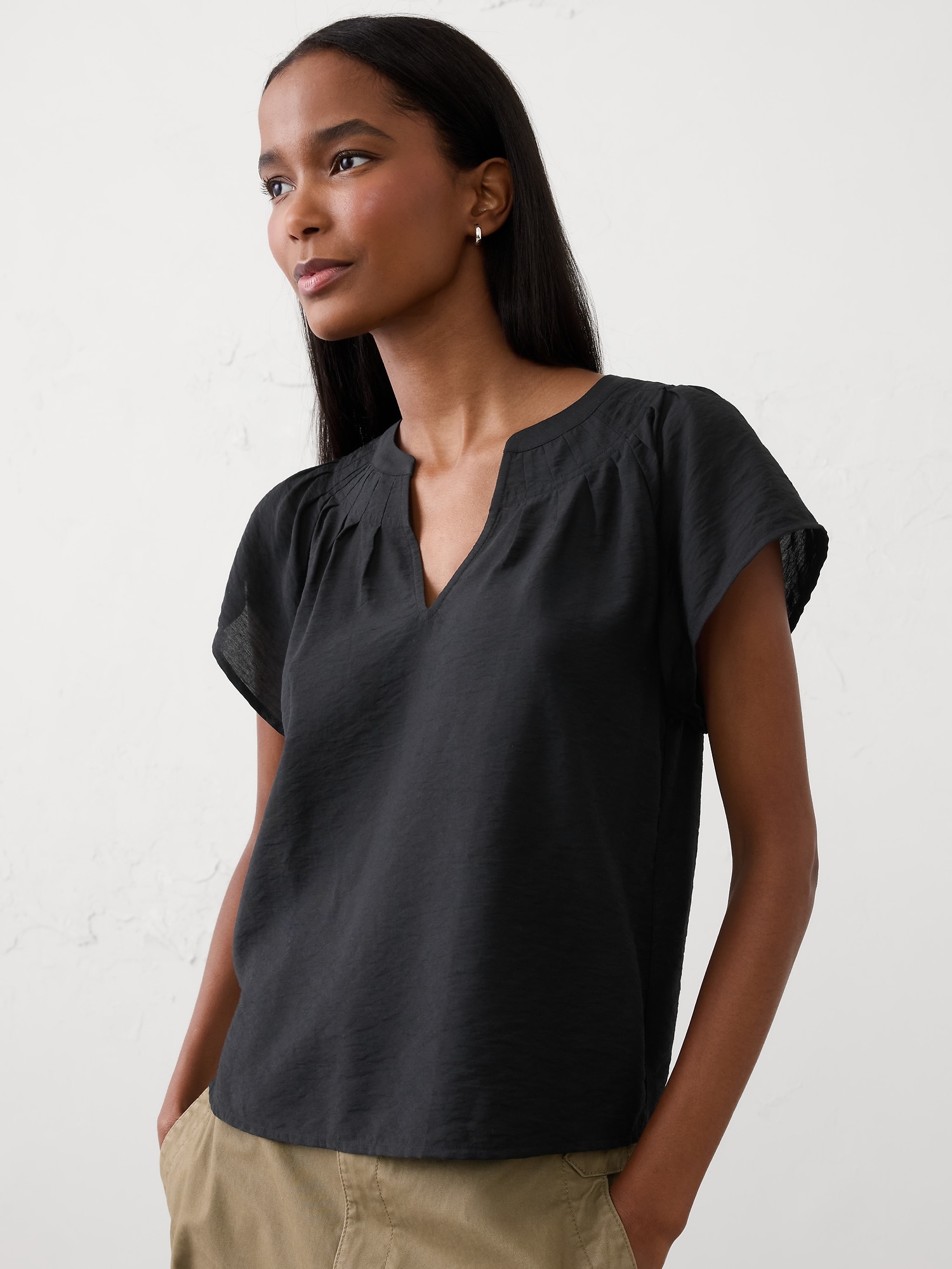 Stitched Pleat-Neck Top - Black